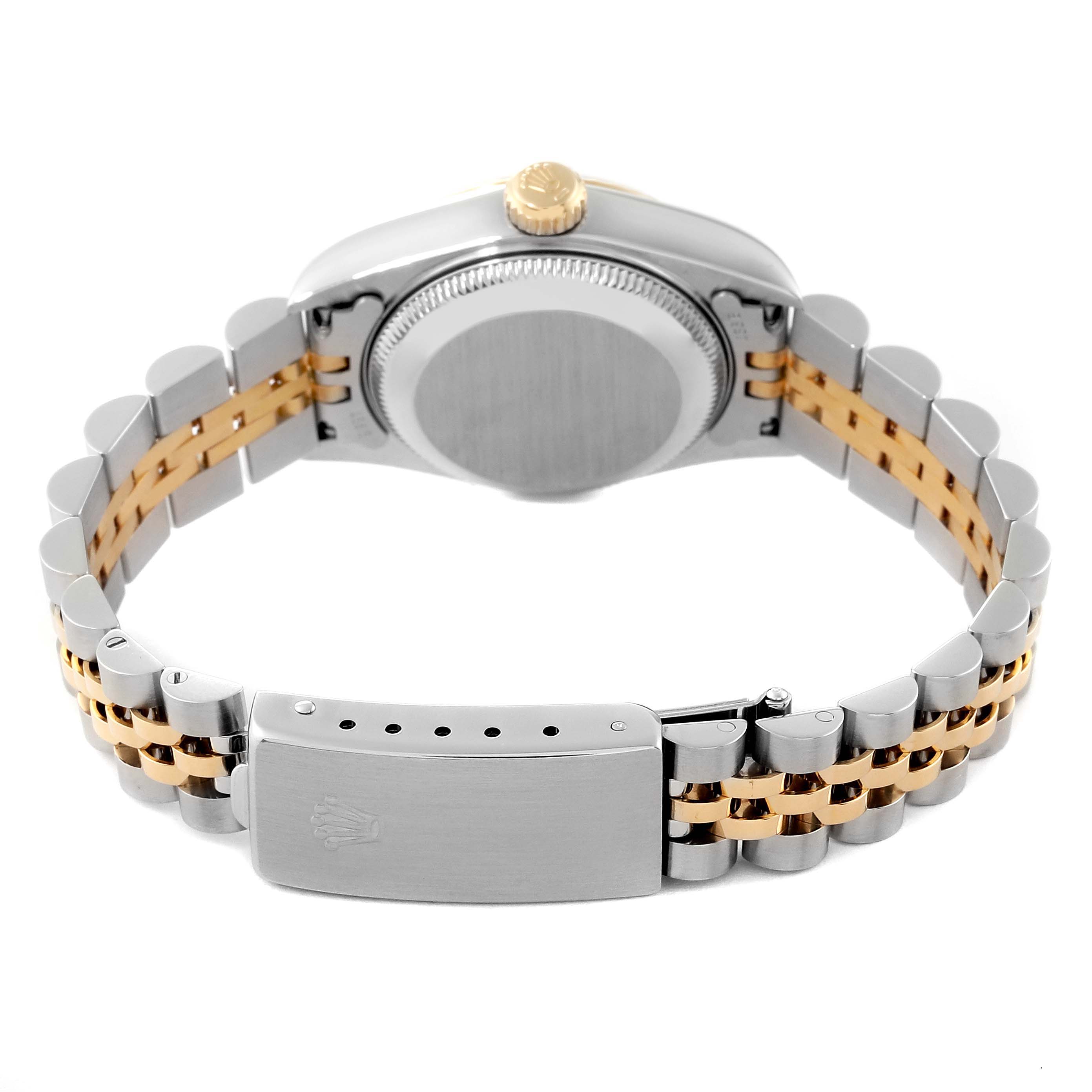 This image shows the rear side and bracelet clasp of a Rolex Datejust 79173 Women's Steel and Gold (two tone) Silver Dial 79173 Women's Steel and Gold (two tone) Silver Dial watch, displaying its two-tone metal design.