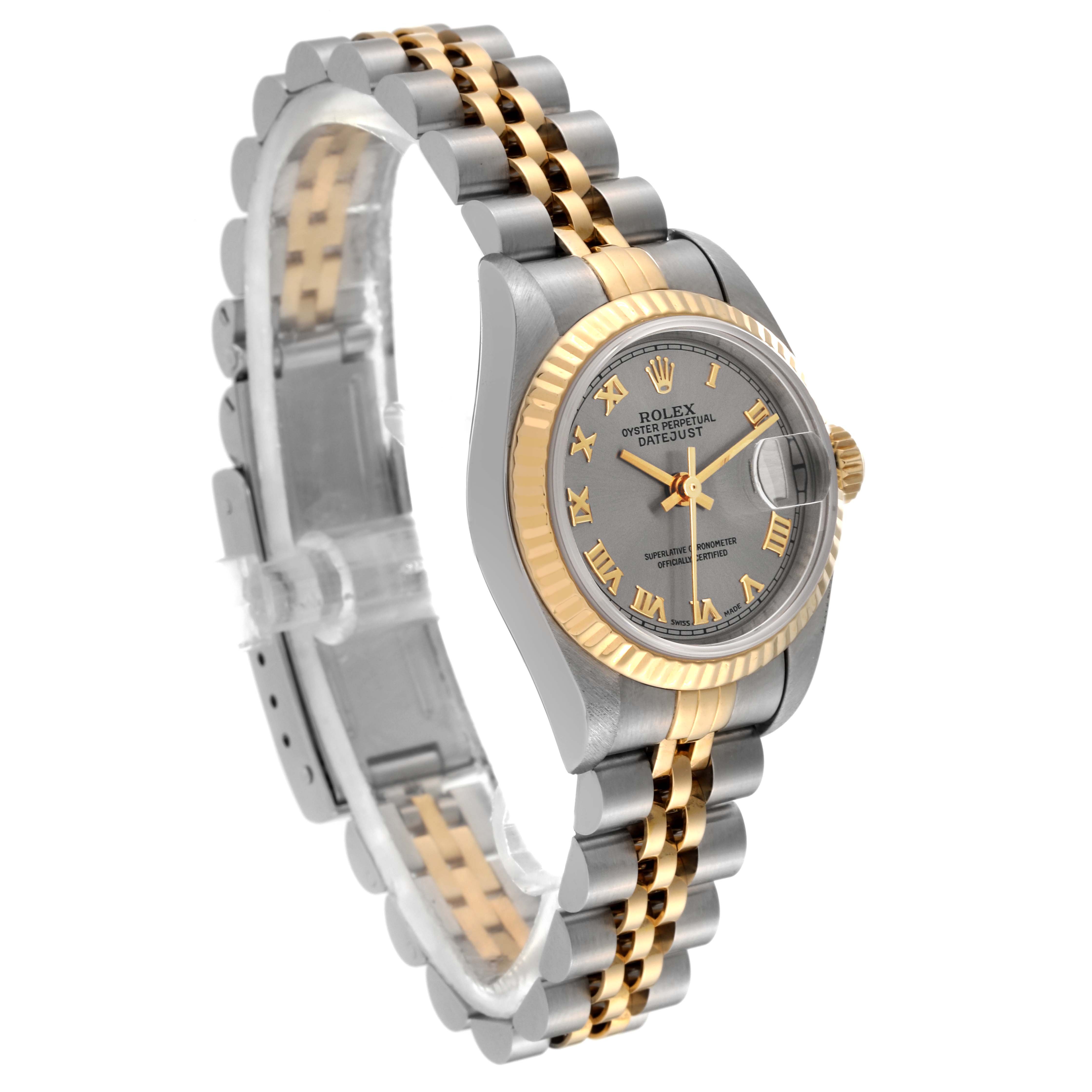 This image shows a Rolex Datejust 79173 Women's Steel and Gold (two tone) Silver Dial 79173 Women's Steel and Gold (two tone) Silver Dial watch at a three-quarter angle, highlighting the face, bezel, and bracelet.