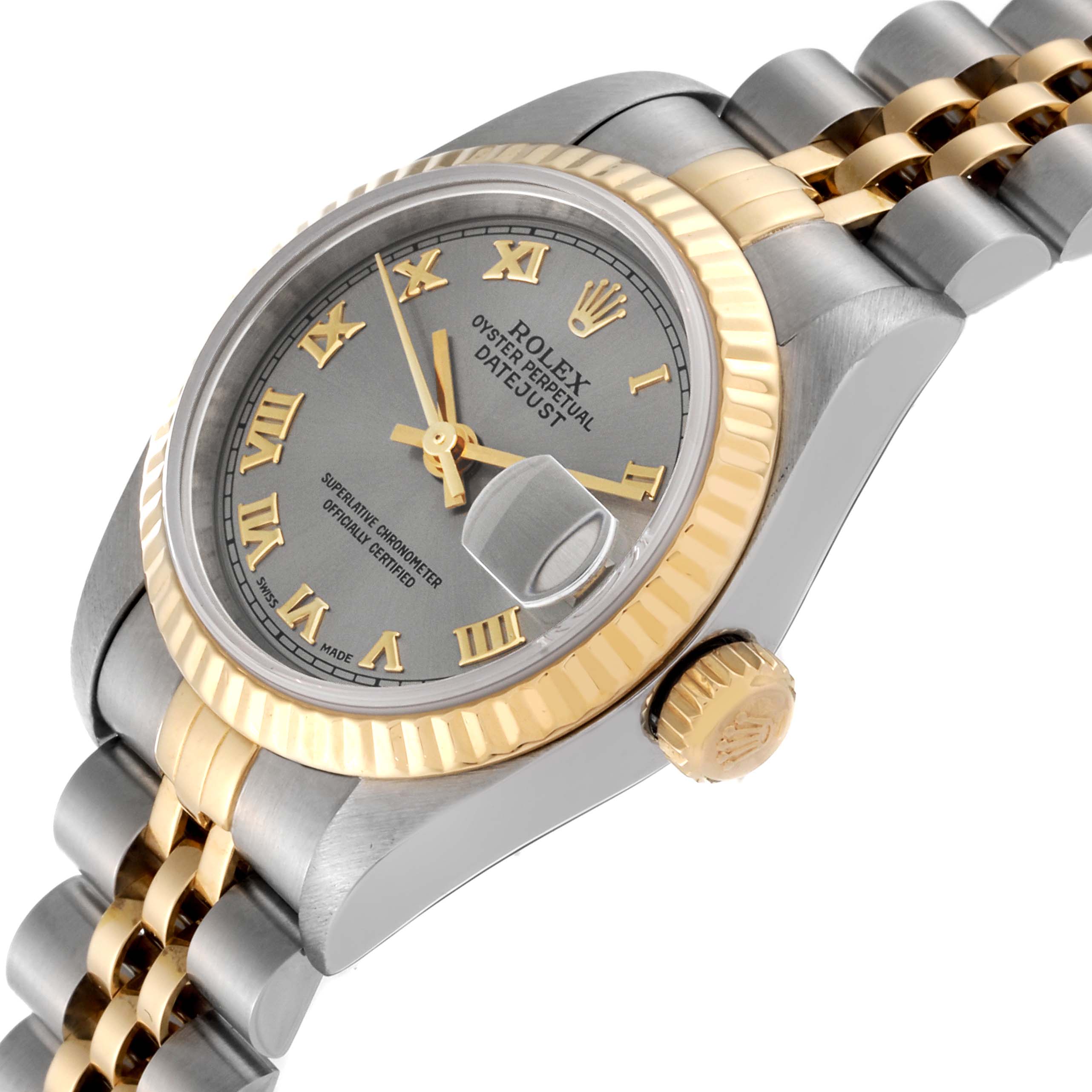 The image shows a Rolex Datejust 79173 Women's Steel and Gold (two tone) Silver Dial 79173 Women's Steel and Gold (two tone) Silver Dial watch at a three-quarter angle, highlighting the dial, bezel, crown, and part of the bracelet.