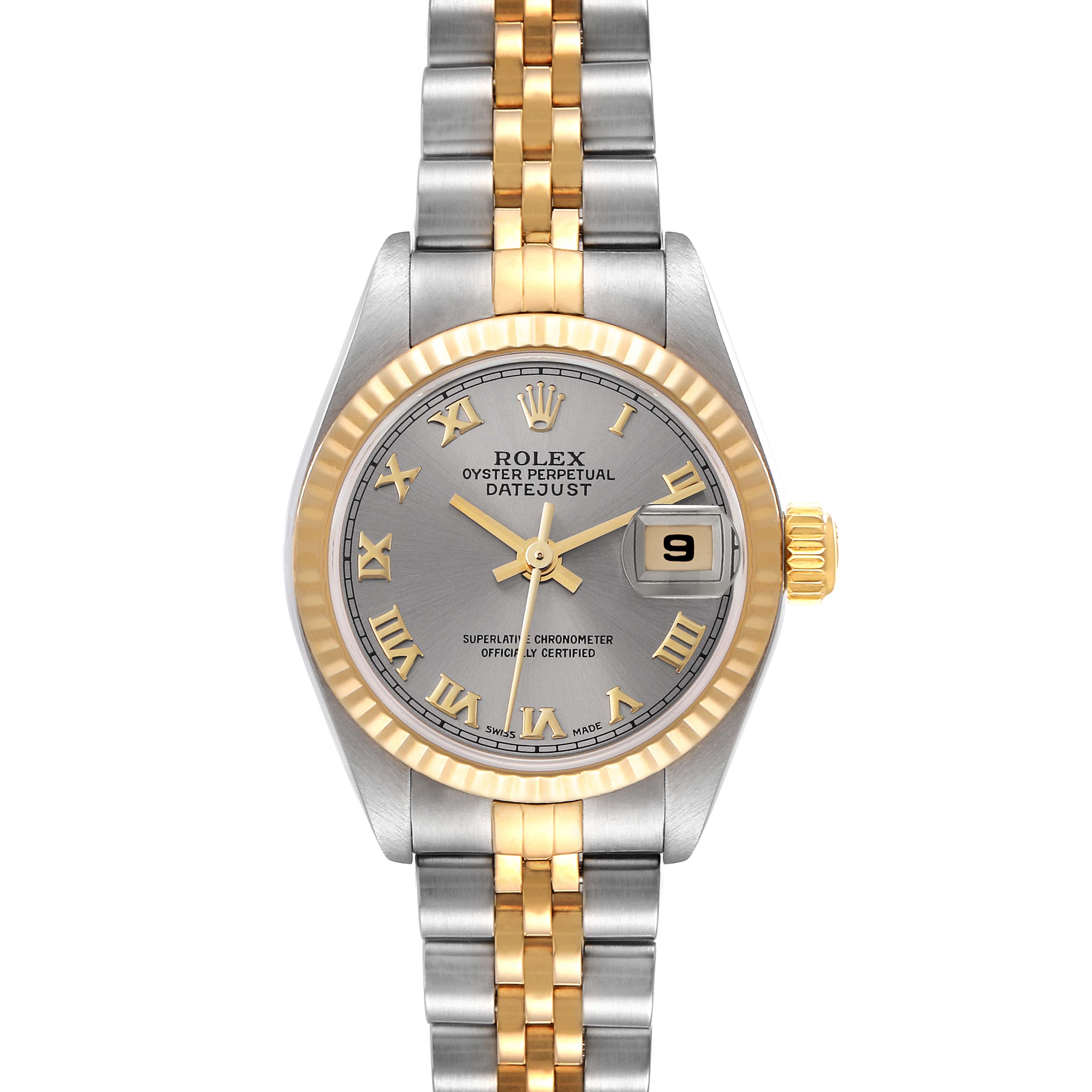 The Rolex Datejust 79173 Women's Steel and Gold (two tone) Silver Dial 79173 Women's Steel and Gold (two tone) Silver Dial watch is shown from a front angle, displaying its face, bezel, and bracelet.