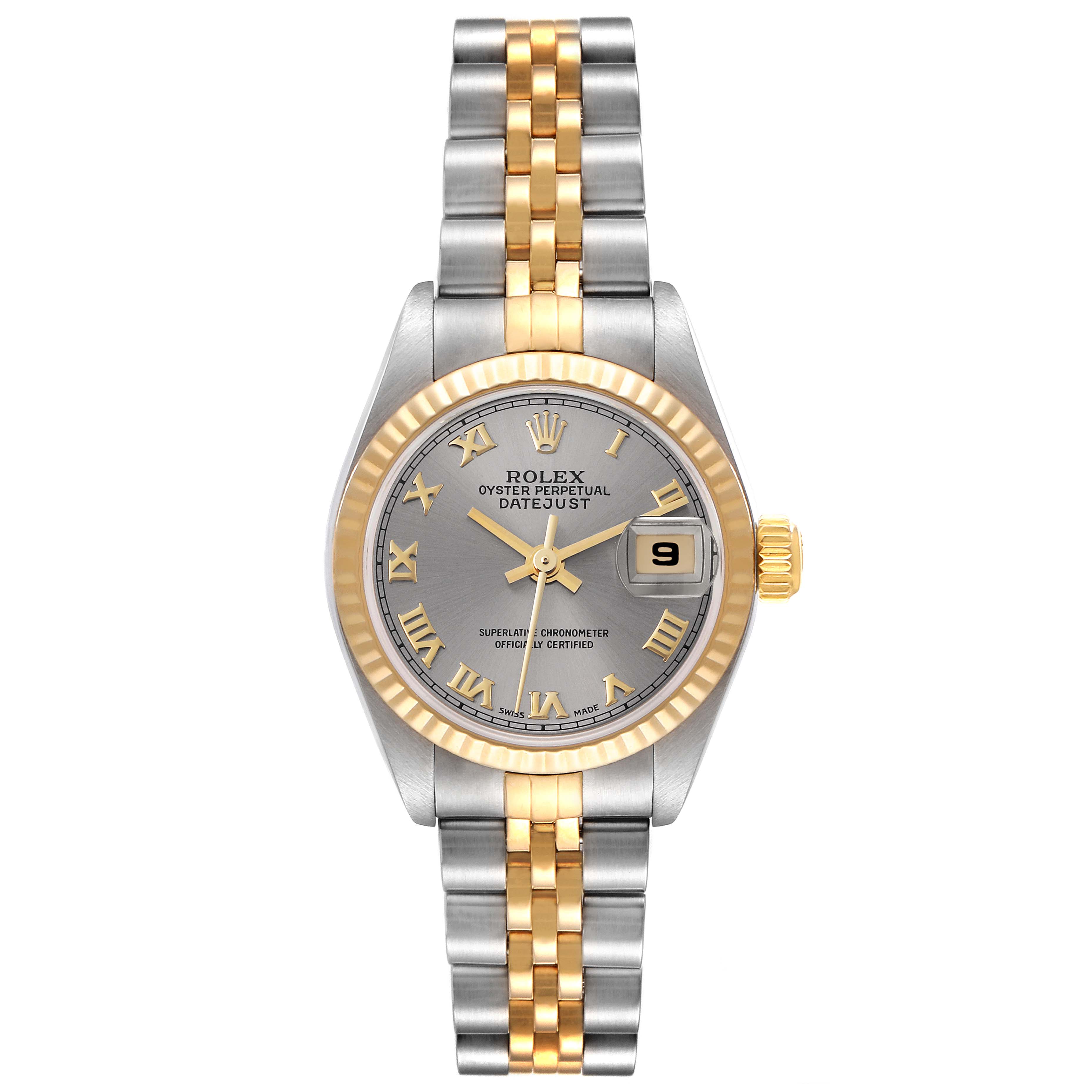 This image shows a front view of the Rolex Datejust 79173 Women's Steel and Gold (two tone) Silver Dial 79173 Women's Steel and Gold (two tone) Silver Dial watch, highlighting the dial, bezel, crown, and bracelet.