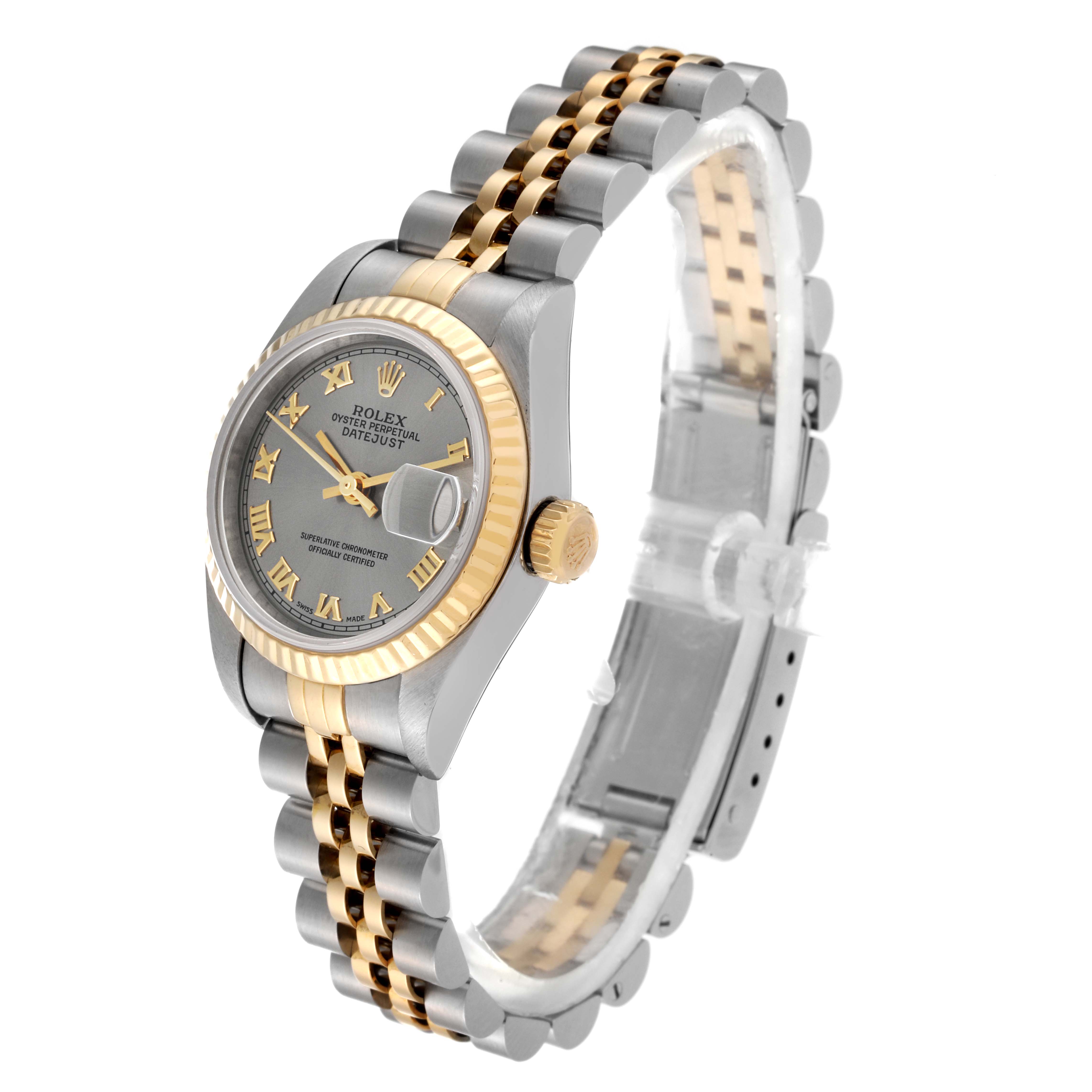 This image shows a side and angled view of a Rolex Datejust 79173 Women's Steel and Gold (two tone) Silver Dial 79173 Women's Steel and Gold (two tone) Silver Dial watch, highlighting the face, crown, and bracelet.