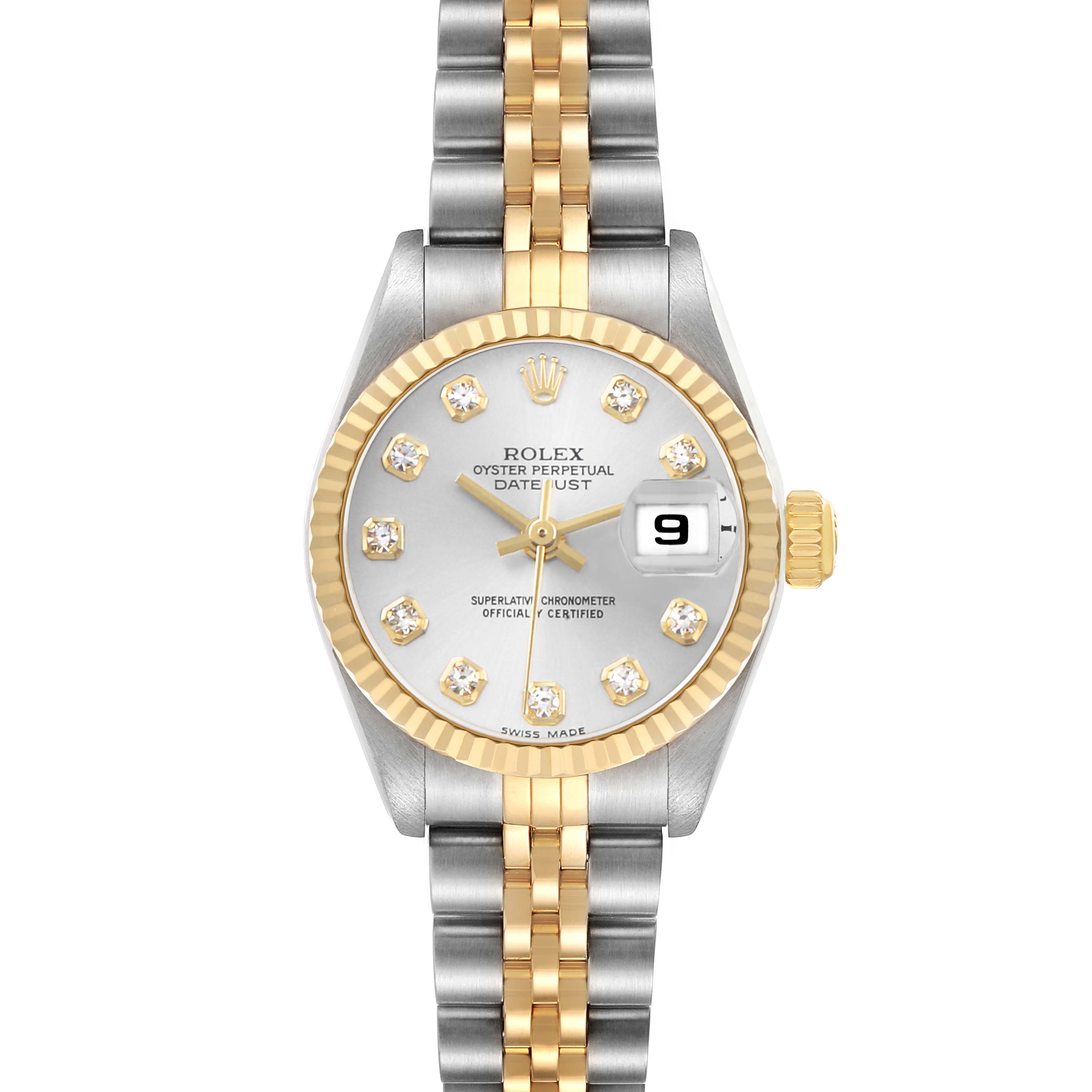 The Rolex Datejust 79173 Women's Steel and Gold (two tone) Silver Dial watch is shown from a front angle, displaying its face, bezel, and two-tone bracelet.