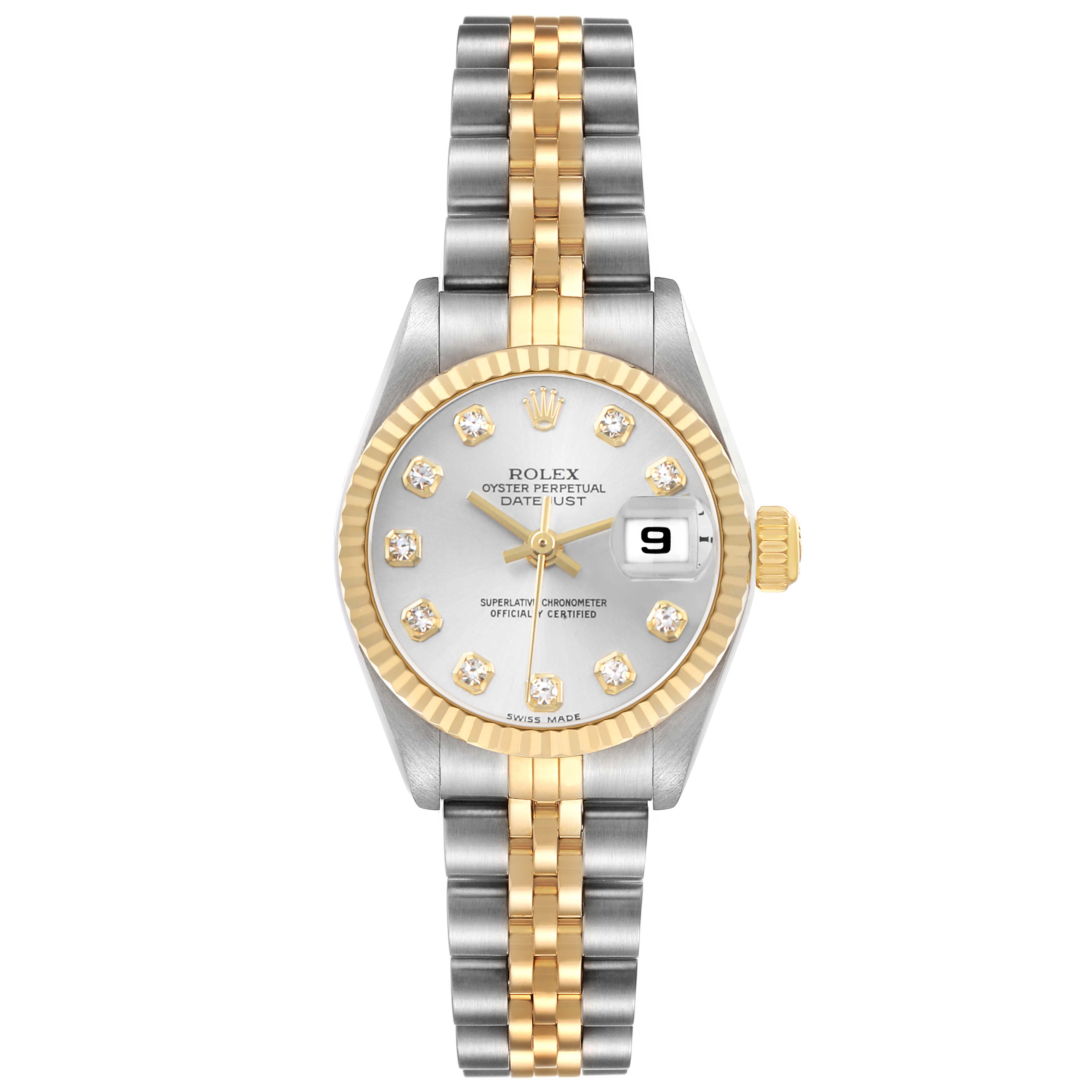 The Rolex Datejust 79173 Women's Steel and Gold (two tone) Silver Dial watch is shown from a top view, displaying its face, fluted bezel, and two-tone bracelet.