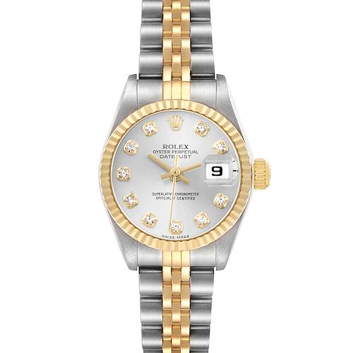 The Rolex Datejust 79173 Women's Steel and Gold (two tone) Silver Dial watch is shown from the front, highlighting its dial, bezel, and bracelet.