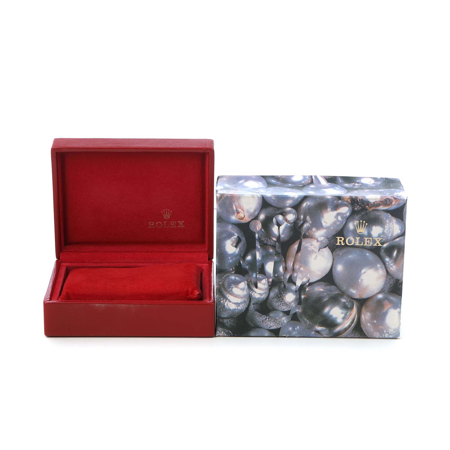 The image shows a Rolex Datejust 79173 Women's Steel and Gold (two tone) Silver Dial model box and outer packaging with a pearl-themed design.