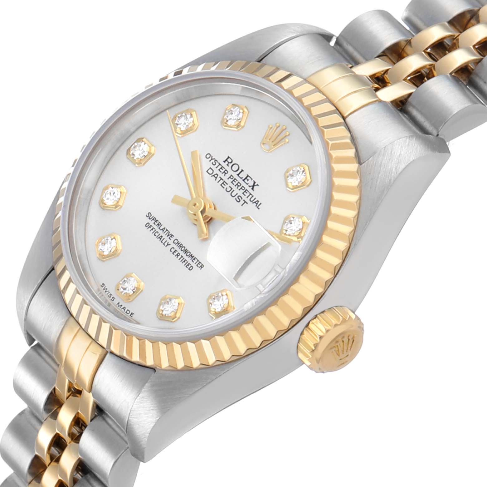 The image shows a Rolex Datejust 79173 Women's Steel and Gold (two tone) Silver Dial watch at an angled view, highlighting the dial, bezel, crown, and bracelet.