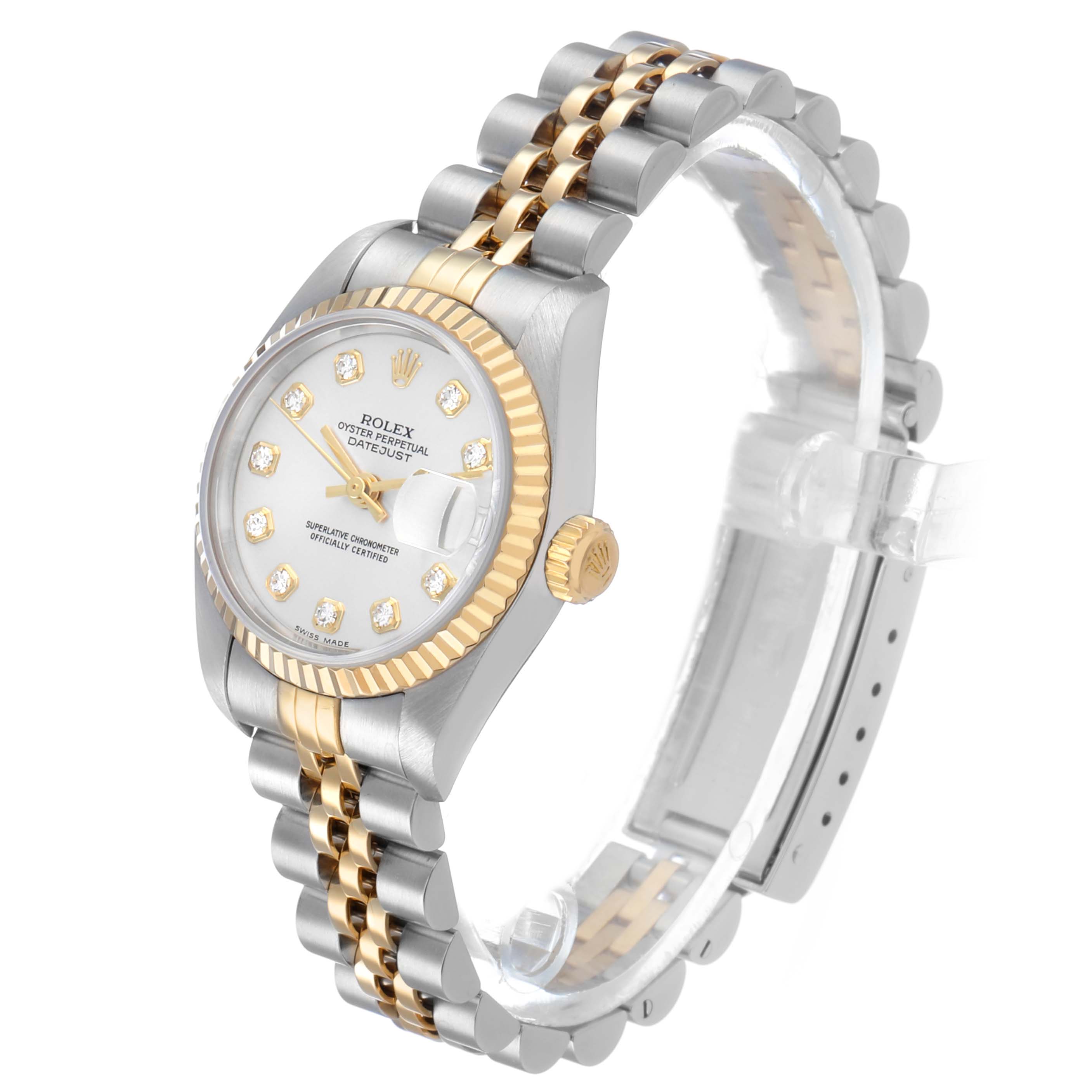 The image shows a Rolex Datejust 79173 Women's Steel and Gold (two tone) Silver Dial watch at a 3/4 angle, highlighting the bracelet, dial, and fluted bezel.