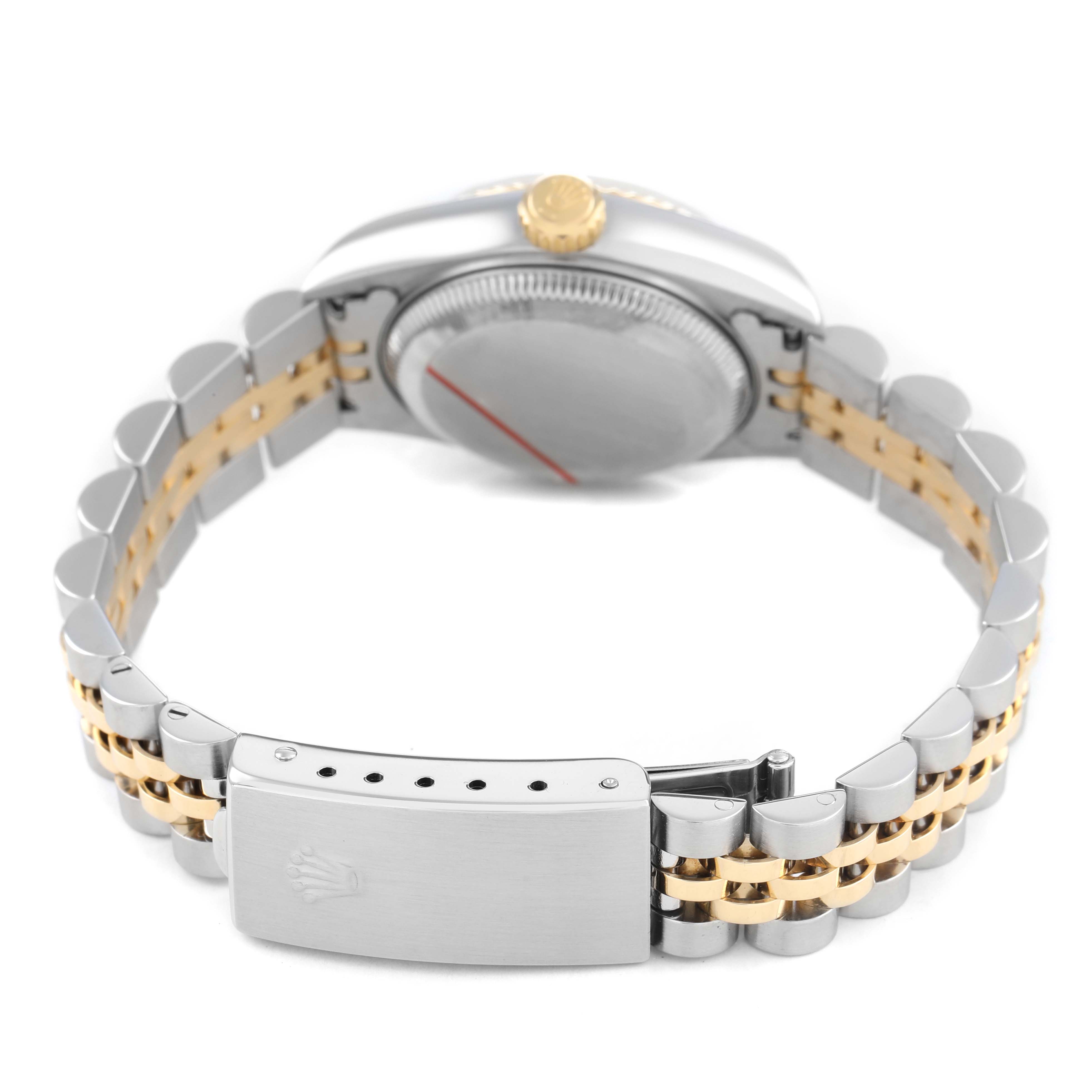 The image shows the back and clasp of a Rolex Datejust 79173 Women's Steel and Gold (two tone) Silver Dial, highlighting the two-tone bracelet and crown.