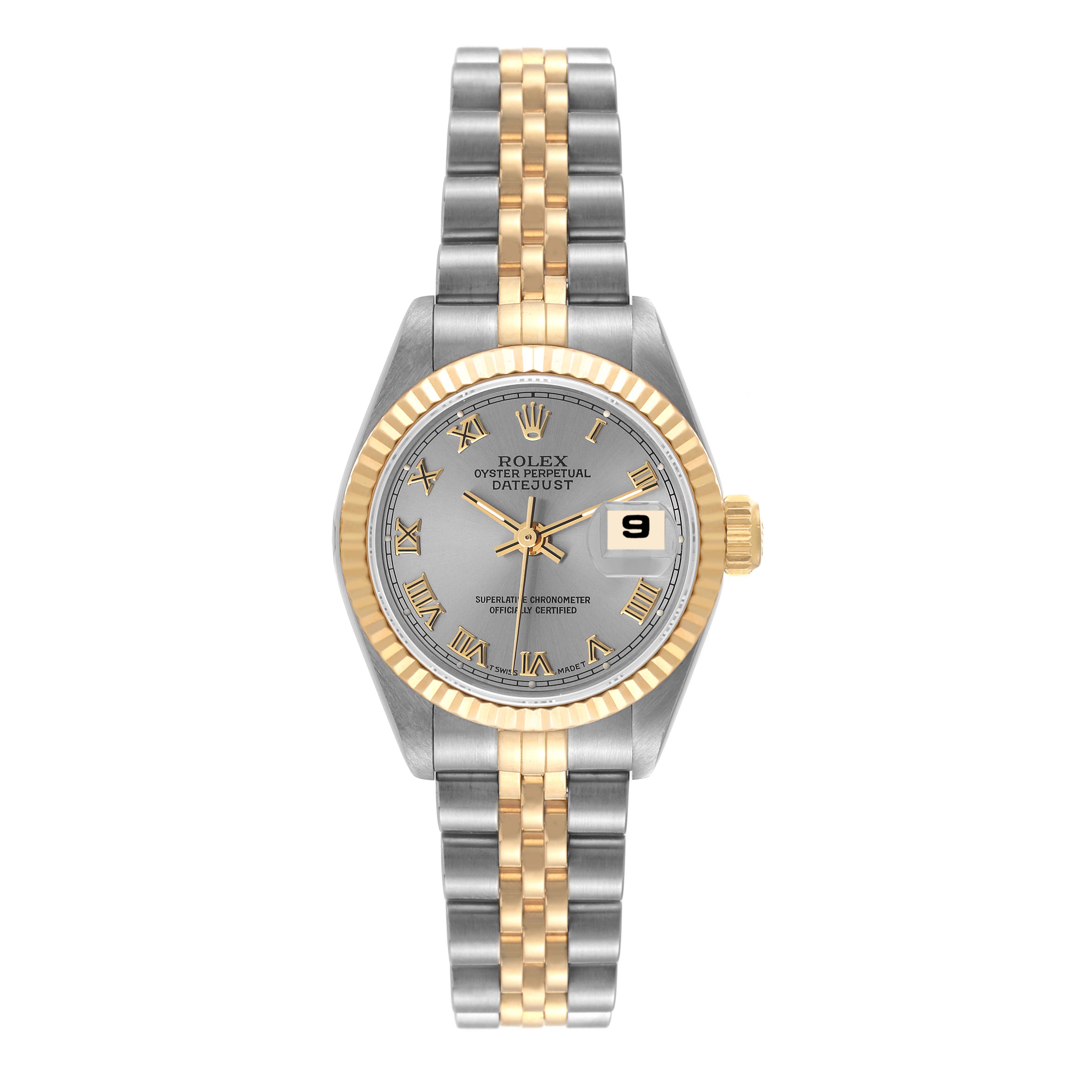 This Rolex Datejust 69173 Women's Steel and Gold (two tone) Grey Dial 69173 Women's Steel and Gold (two tone) Grey Dial watch is captured from a top-down perspective, showing the face, bezel, and bracelet.