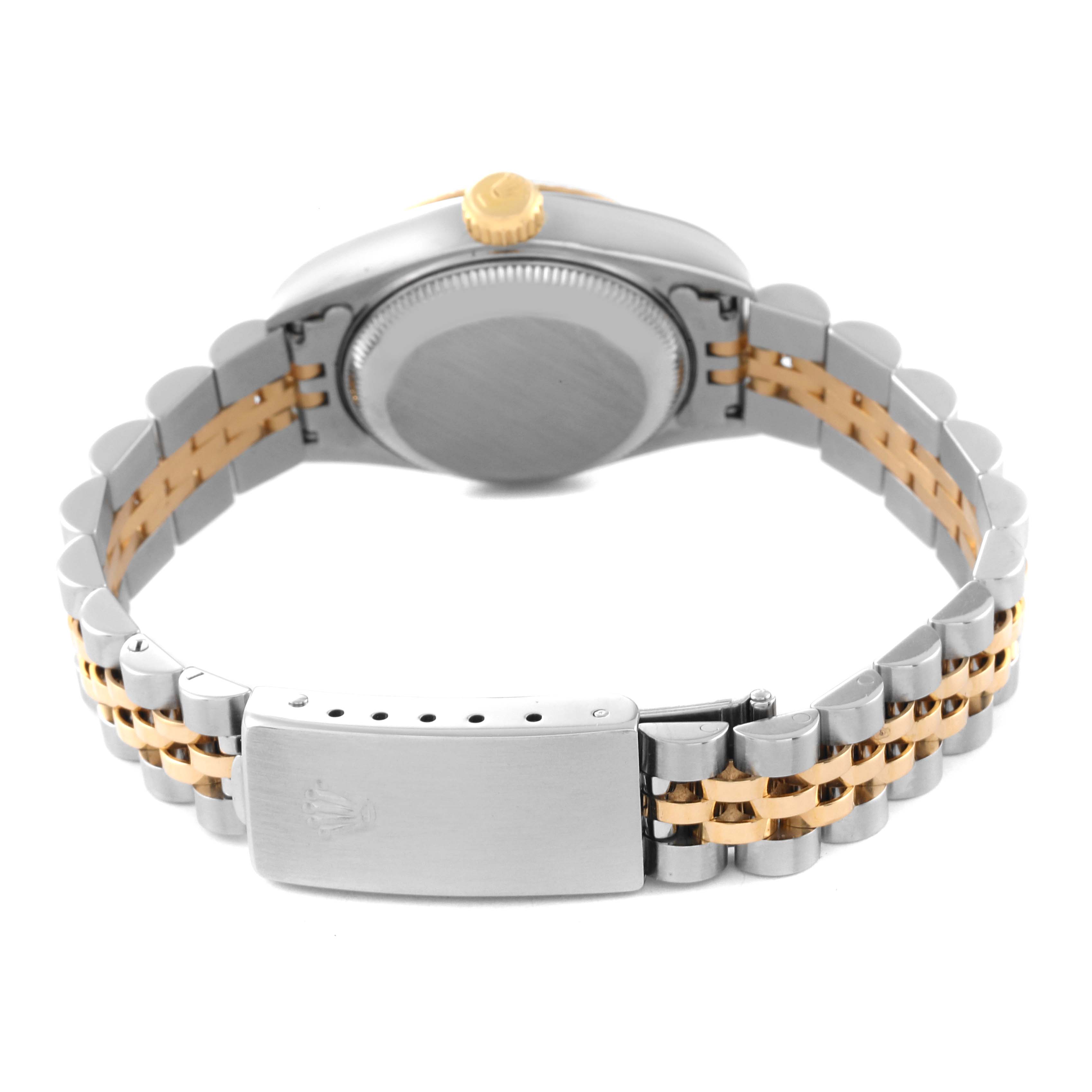 The image shows the back view of a Rolex Datejust 69173 Women's Steel and Gold (two tone) Grey Dial 69173 Women's Steel and Gold (two tone) Grey Dial watch, including the clasp, bracelet, and the case back.