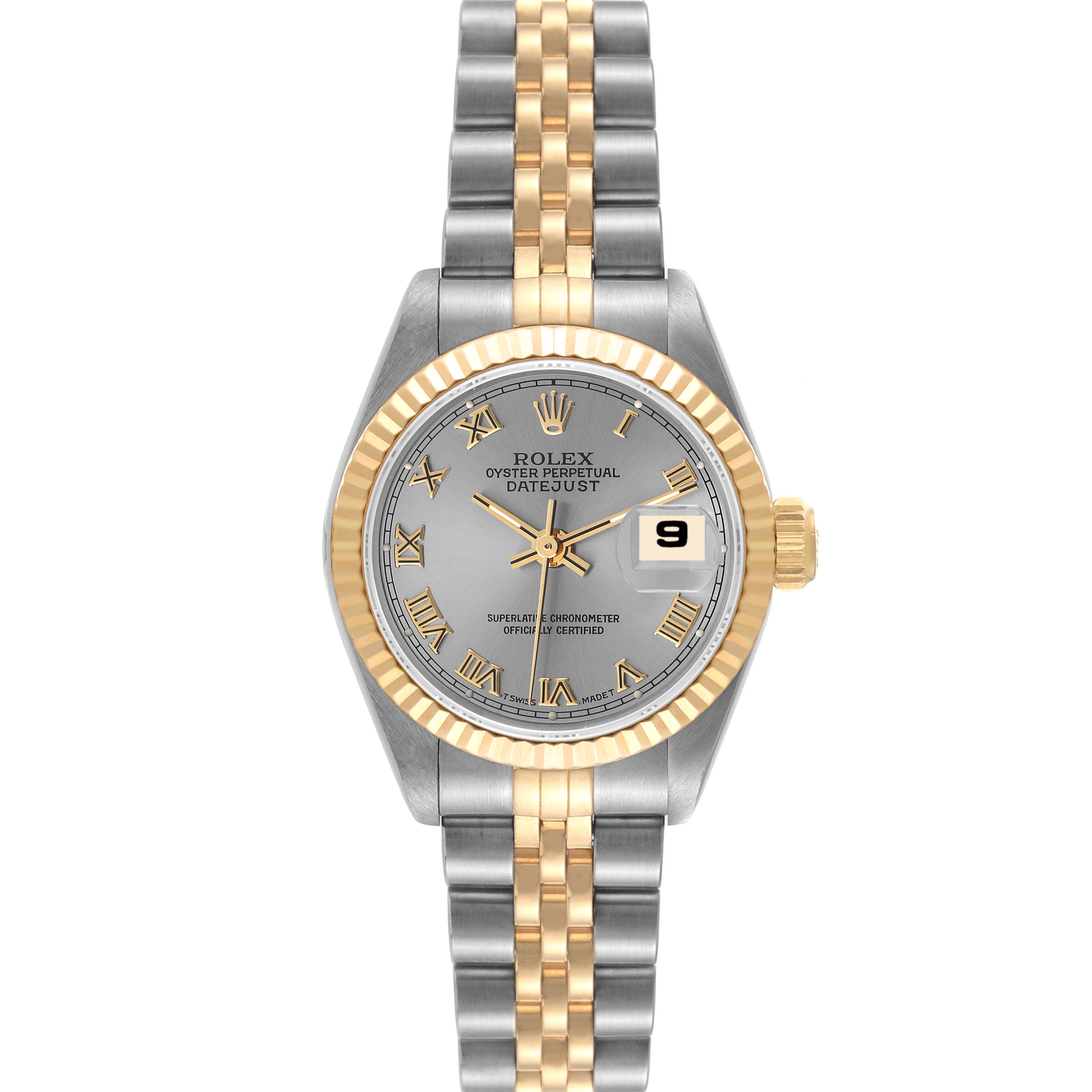 This Rolex Datejust 69173 Women's Steel and Gold (two tone) Grey Dial 69173 Women's Steel and Gold (two tone) Grey Dial watch is shown from a front angle, displaying the face, bezel, and part of the bracelet.
