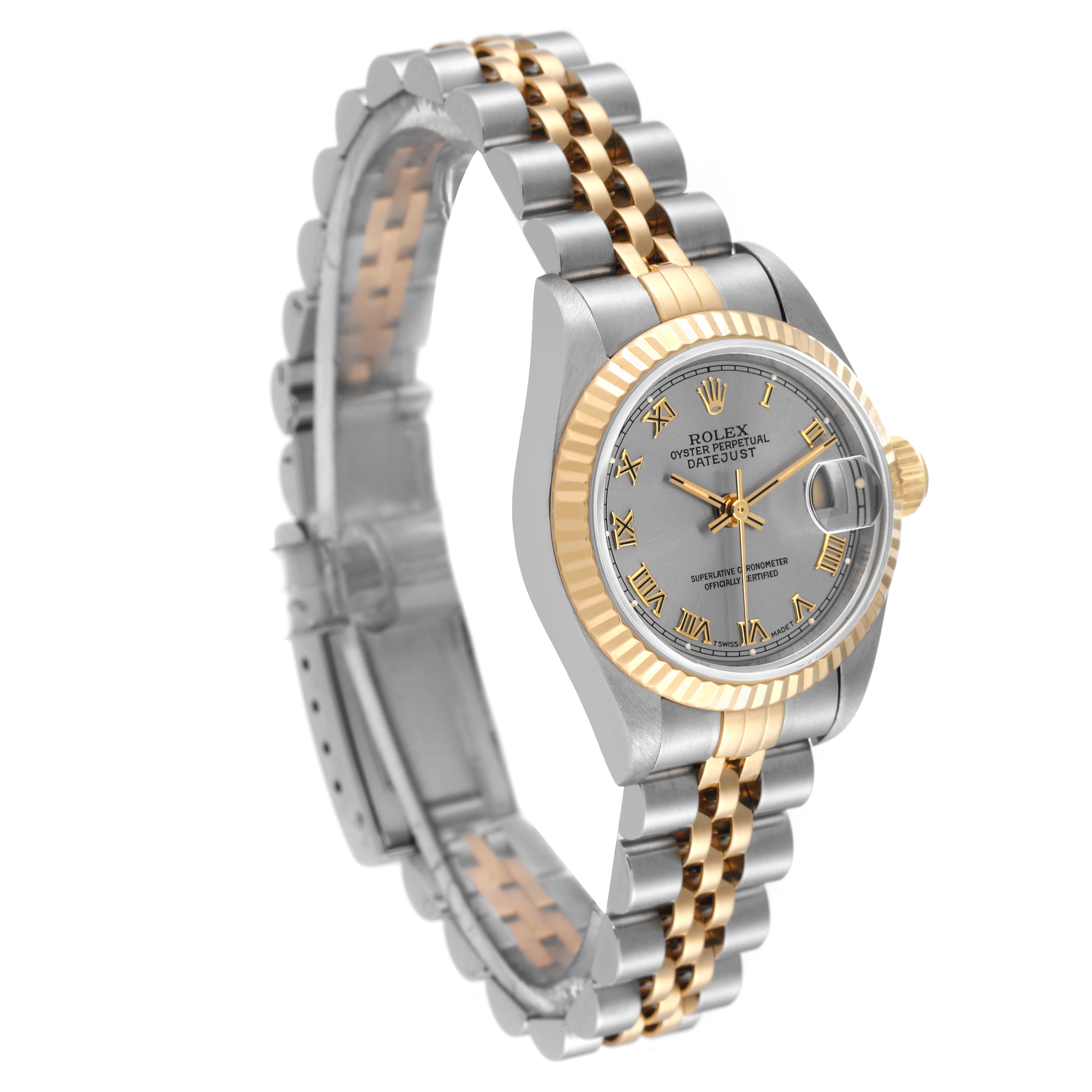 The image shows a Rolex Datejust 69173 Women's Steel and Gold (two tone) Grey Dial 69173 Women's Steel and Gold (two tone) Grey Dial watch at an angled view, highlighting its two-tone bracelet, case, bezel, and dial.
