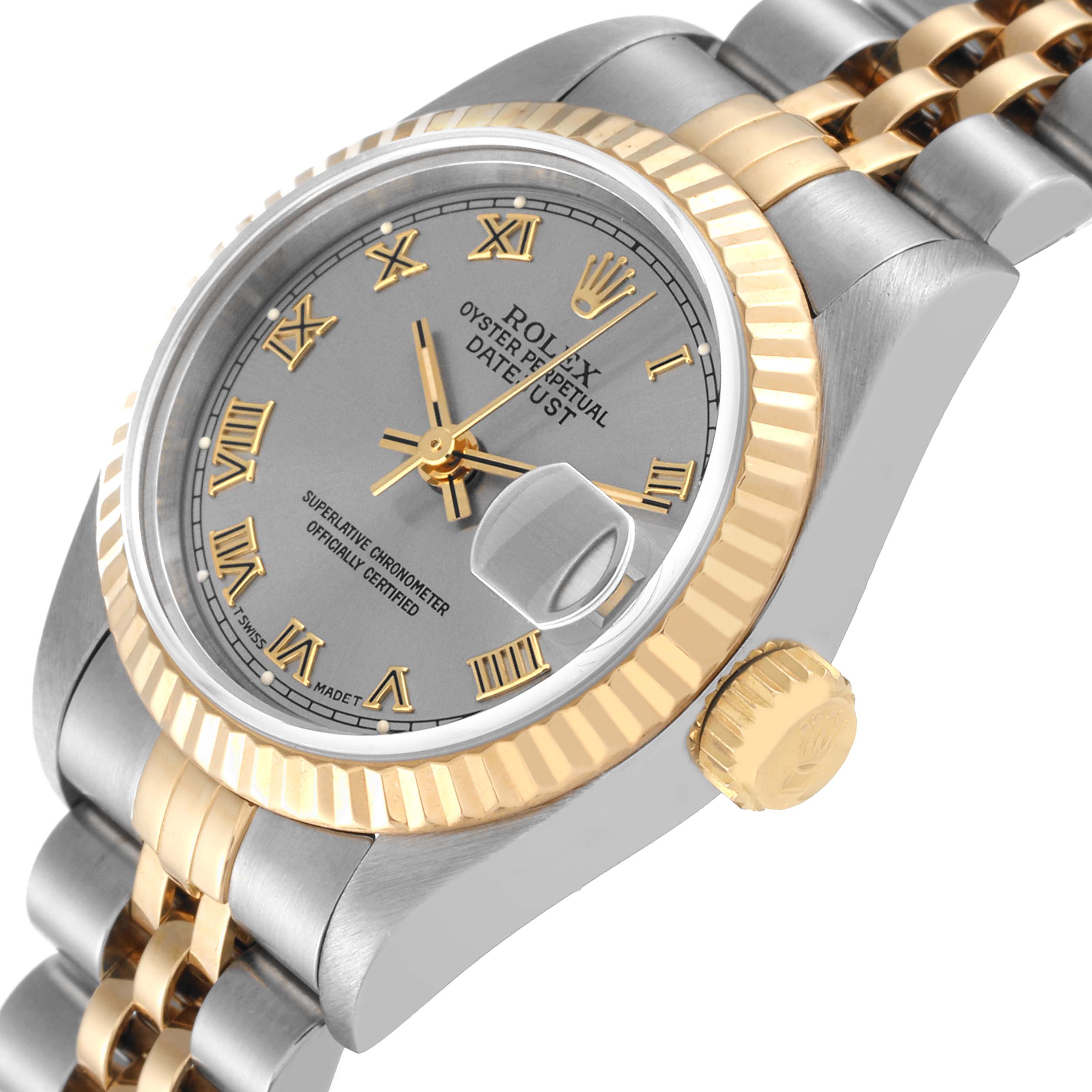 The image shows a close-up, angled view of a Rolex Datejust 69173 Women's Steel and Gold (two tone) Grey Dial 69173 Women's Steel and Gold (two tone) Grey Dial watch featuring its dial, bezel, and part of the bracelet.