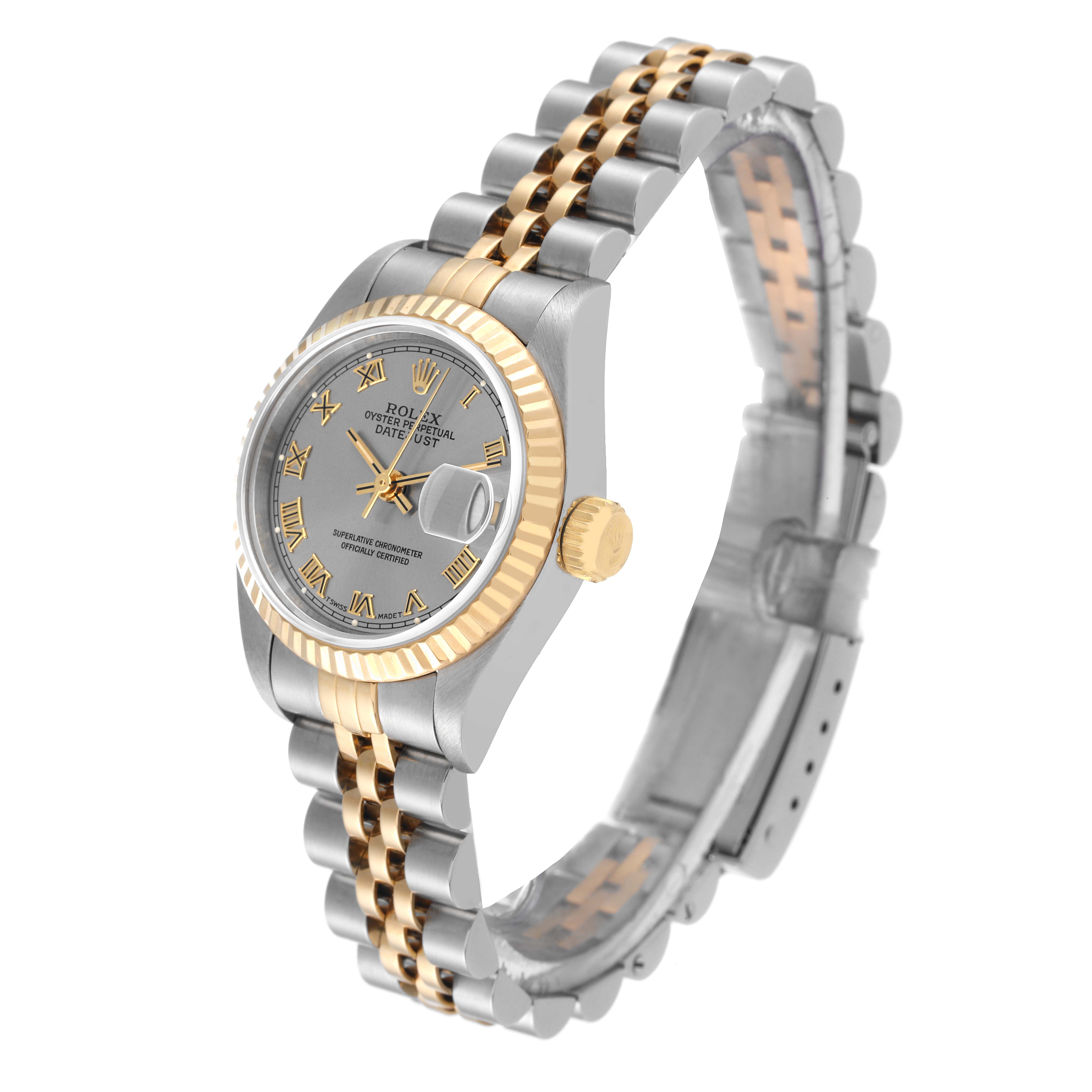 The image shows a Rolex Datejust 69173 Women's Steel and Gold (two tone) Grey Dial 69173 Women's Steel and Gold (two tone) Grey Dial watch at a slight front-side angle, highlighting its two-tone bracelet, fluted bezel, and dial.