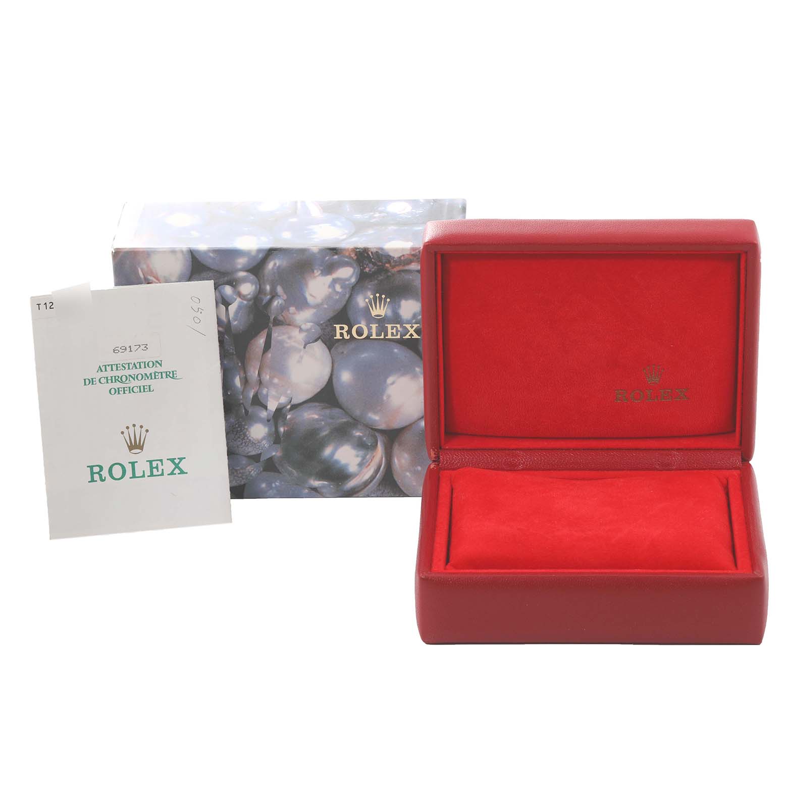 The image shows an empty red box, a booklet, and a pearl-themed outer box for a Rolex Datejust 69173 Women's Steel and Gold (two tone) Grey Dial 69173 Women's Steel and Gold (two tone) Grey Dial watch.