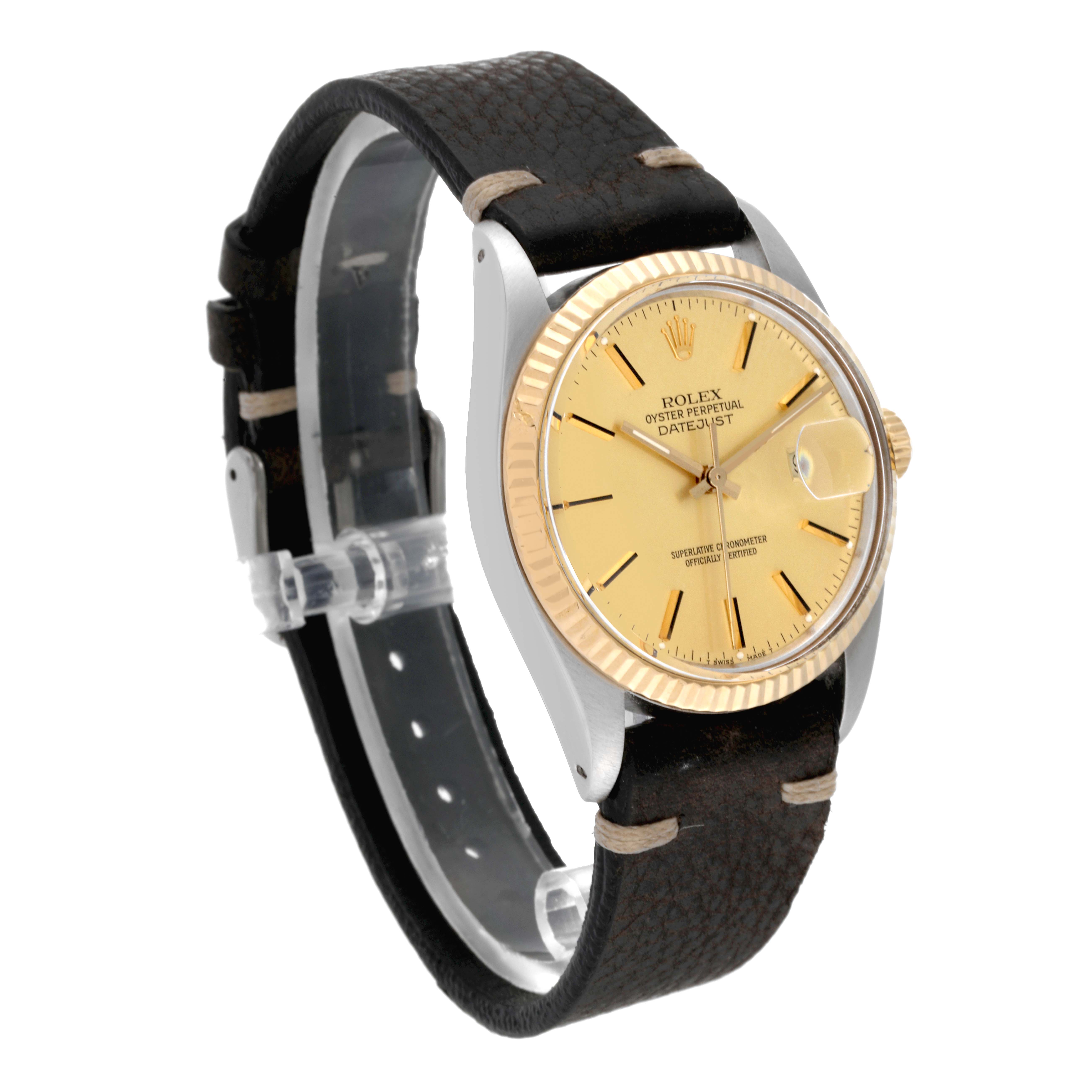 The Rolex Vintage Collection 16013 Men's Steel and Gold (two tone) Champagne Dial 16013 Men's Steel and Gold (two tone) Champagne Dial watch is displayed at an angle highlighting the face, bezel, and strap.