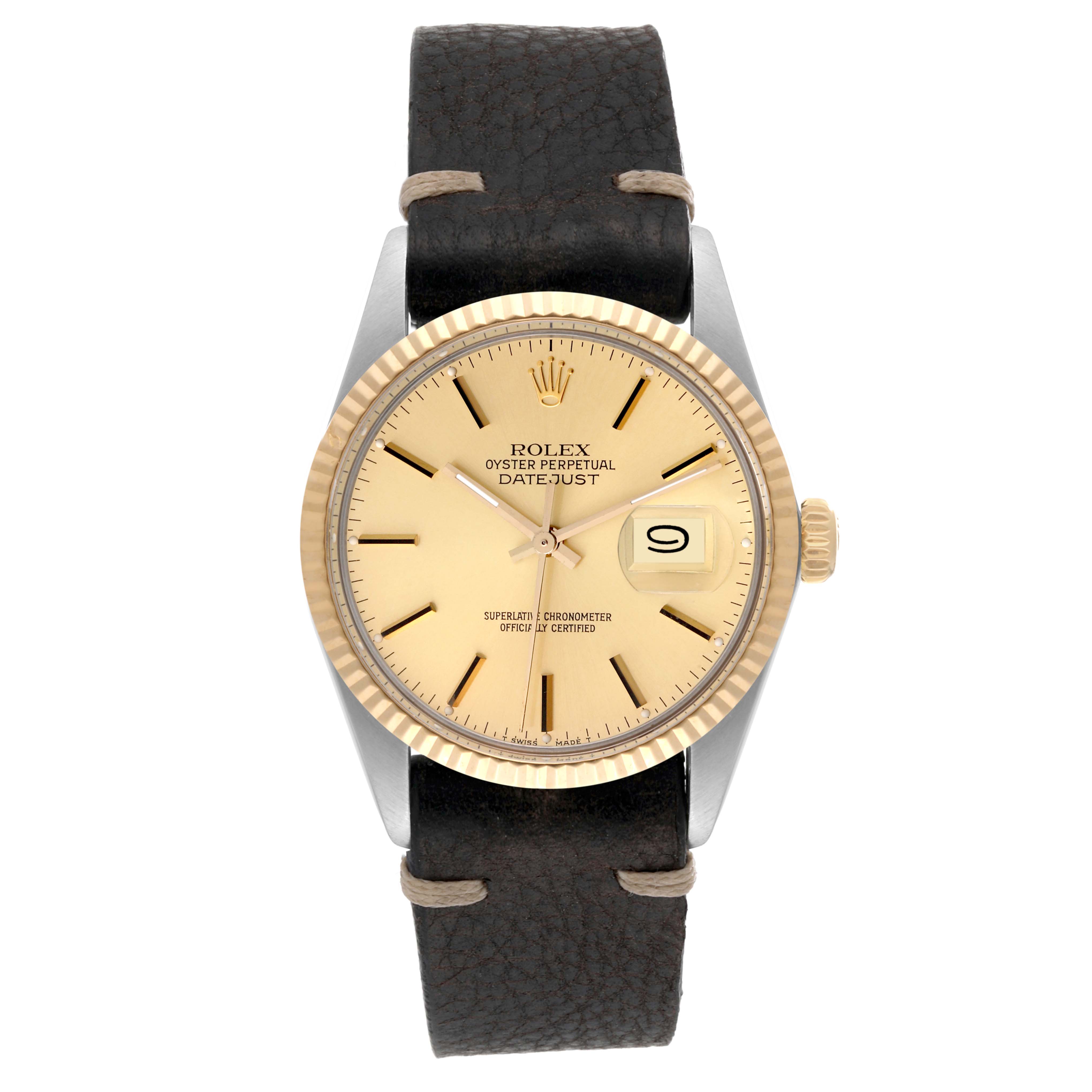 The image shows a front view of the Rolex Vintage Collection 16013 Men's Steel and Gold (two tone) Champagne Dial 16013 Men's Steel and Gold (two tone) Champagne Dial Oyster Perpetual Datejust watch featuring its face, bezel, and strap.