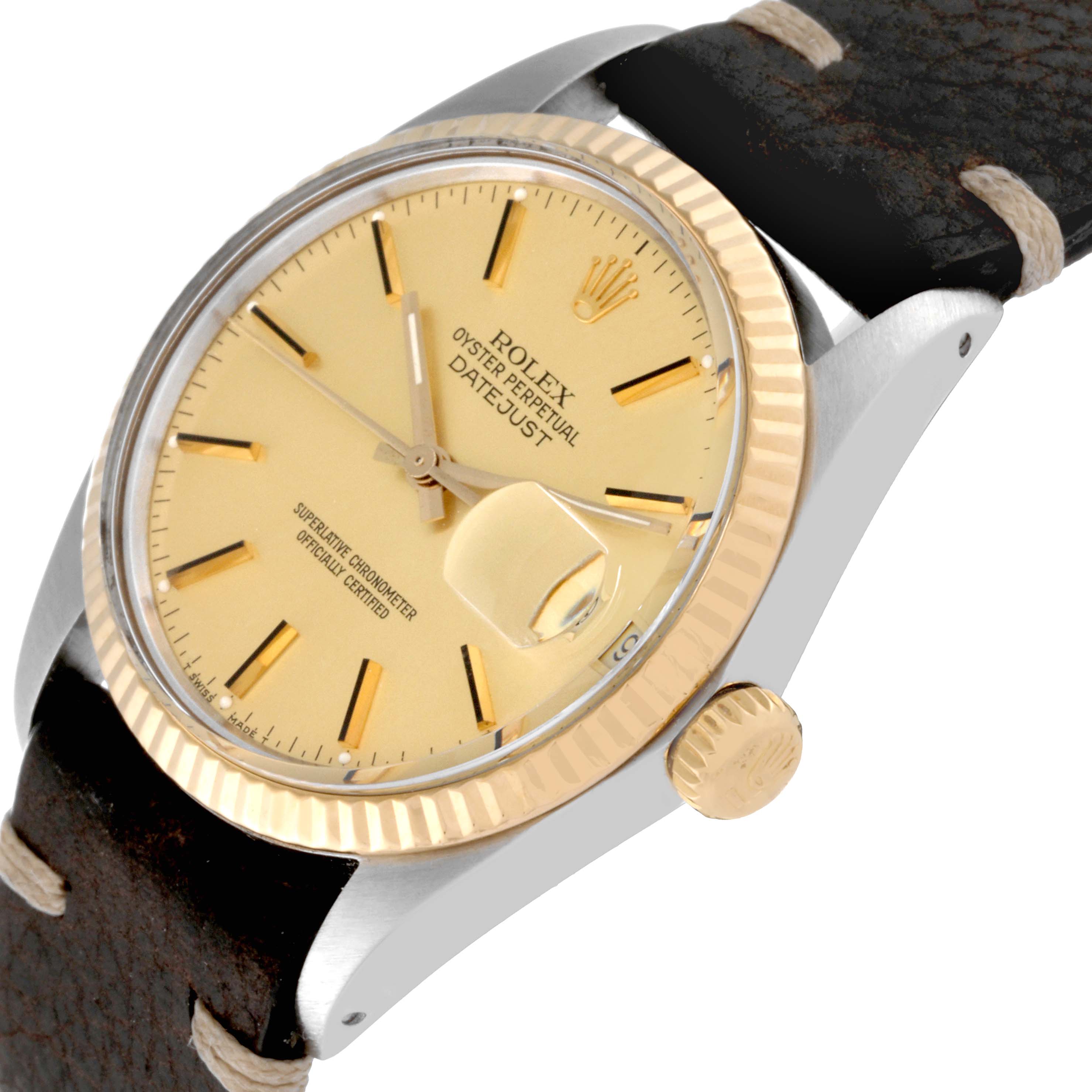 The Rolex Vintage Collection 16013 Men's Steel and Gold (two tone) Champagne Dial 16013 Men's Steel and Gold (two tone) Champagne Dial Datejust watch is shown at a slight angle, highlighting the face, bezel, crown, and a portion of the leather strap.