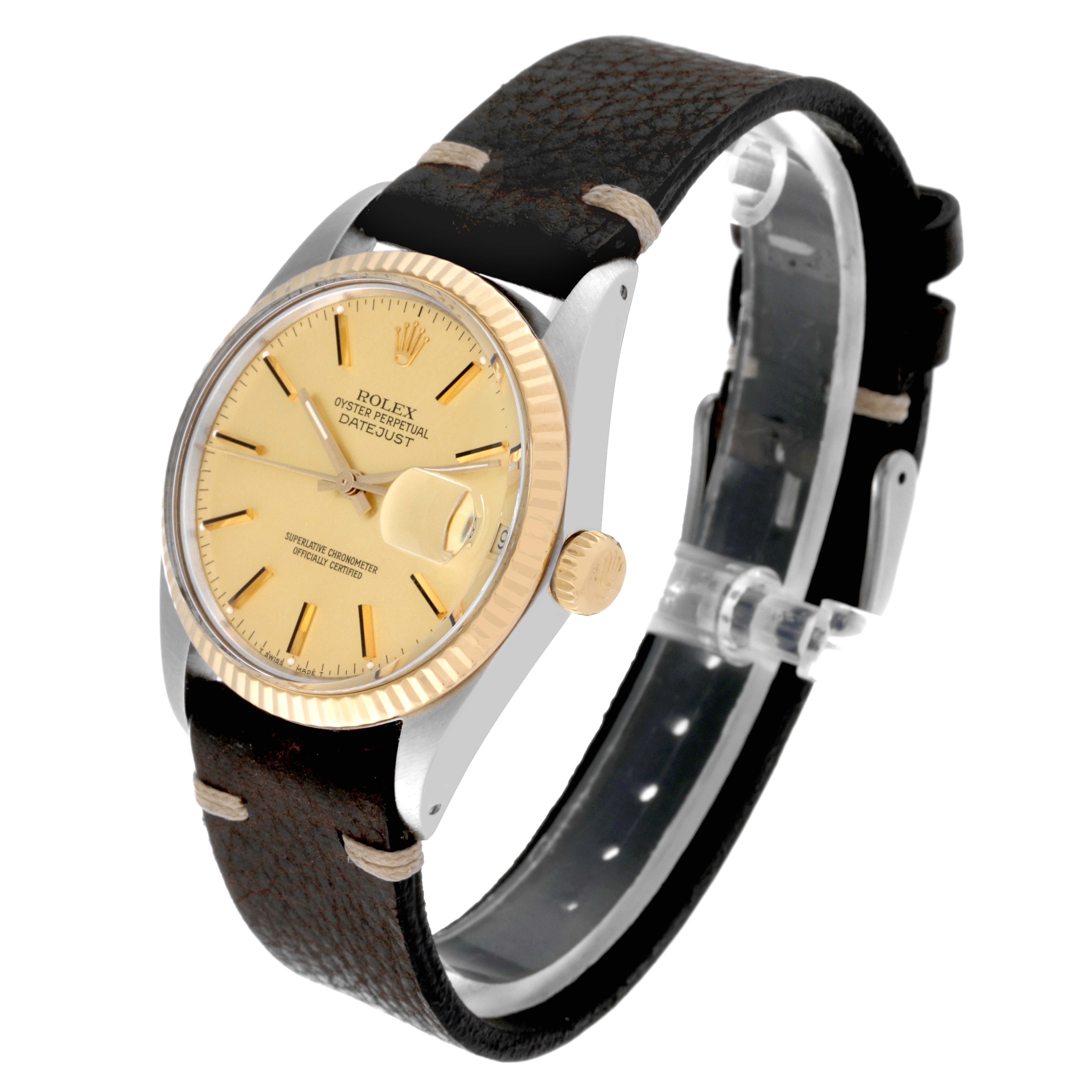 The image shows a side and front view of a Rolex Vintage Collection 16013 Men's Steel and Gold (two tone) Champagne Dial 16013 Men's Steel and Gold (two tone) Champagne Dial Oyster Perpetual Datejust with a leather strap.