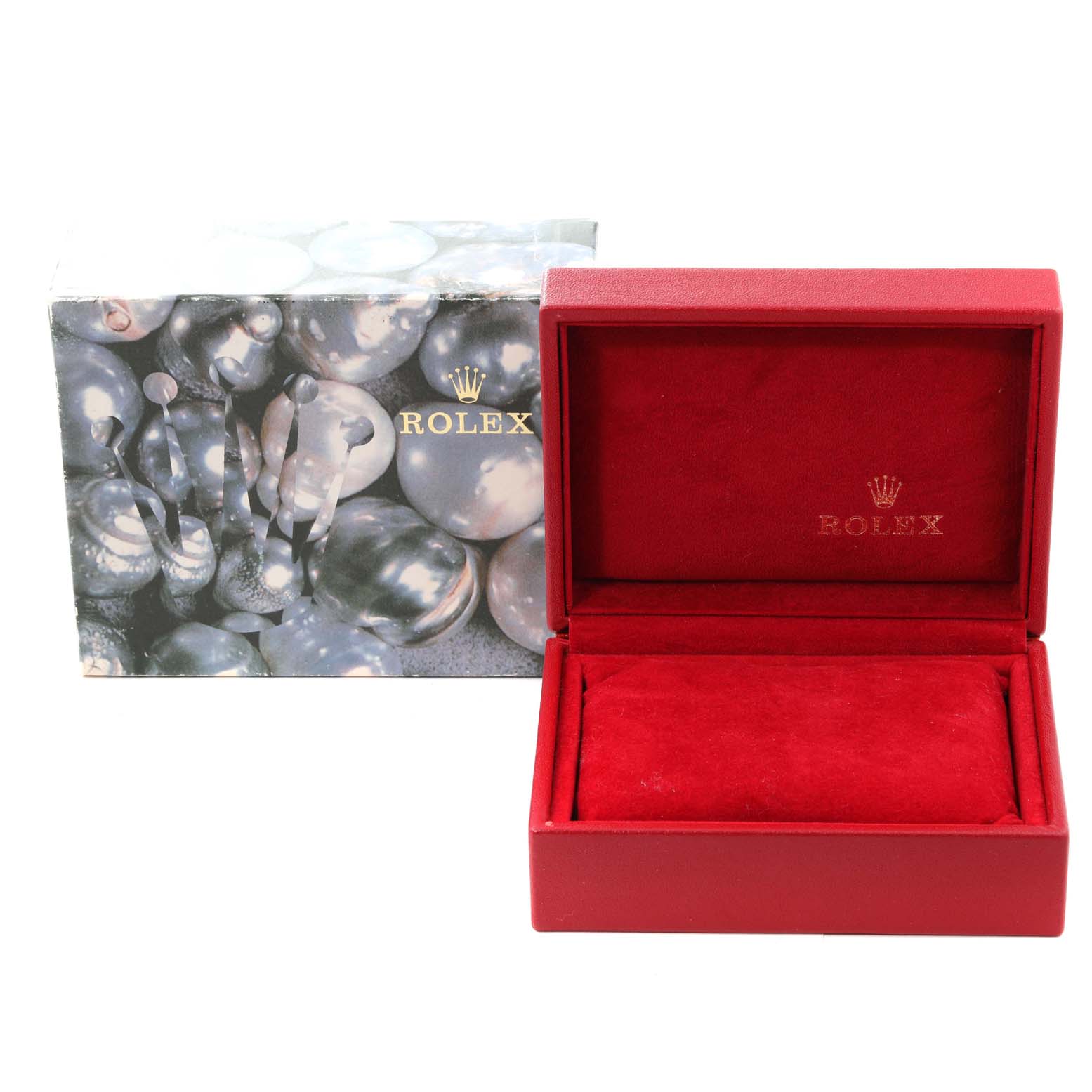 The image shows a Rolex Datejust 69173 Women's Steel and Gold (two tone) White Dial 69173 Women's Steel and Gold (two tone) White Dial watch box and outer packaging from a front angle, with the box open to reveal a red interior.