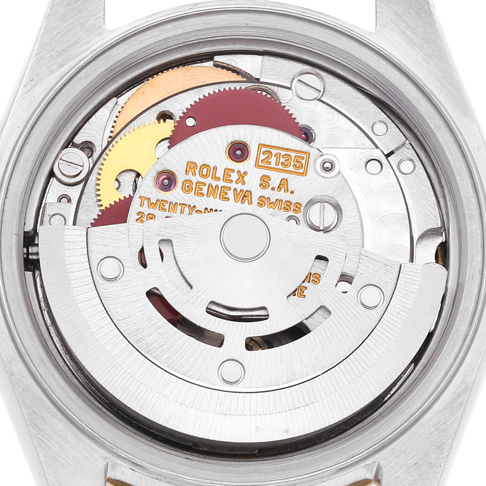 The image shows the internal mechanism and rotor of the Rolex Datejust 69173 Women's Steel and Gold (two tone) White Dial 69173 Women's Steel and Gold (two tone) White Dial watch from the backside.