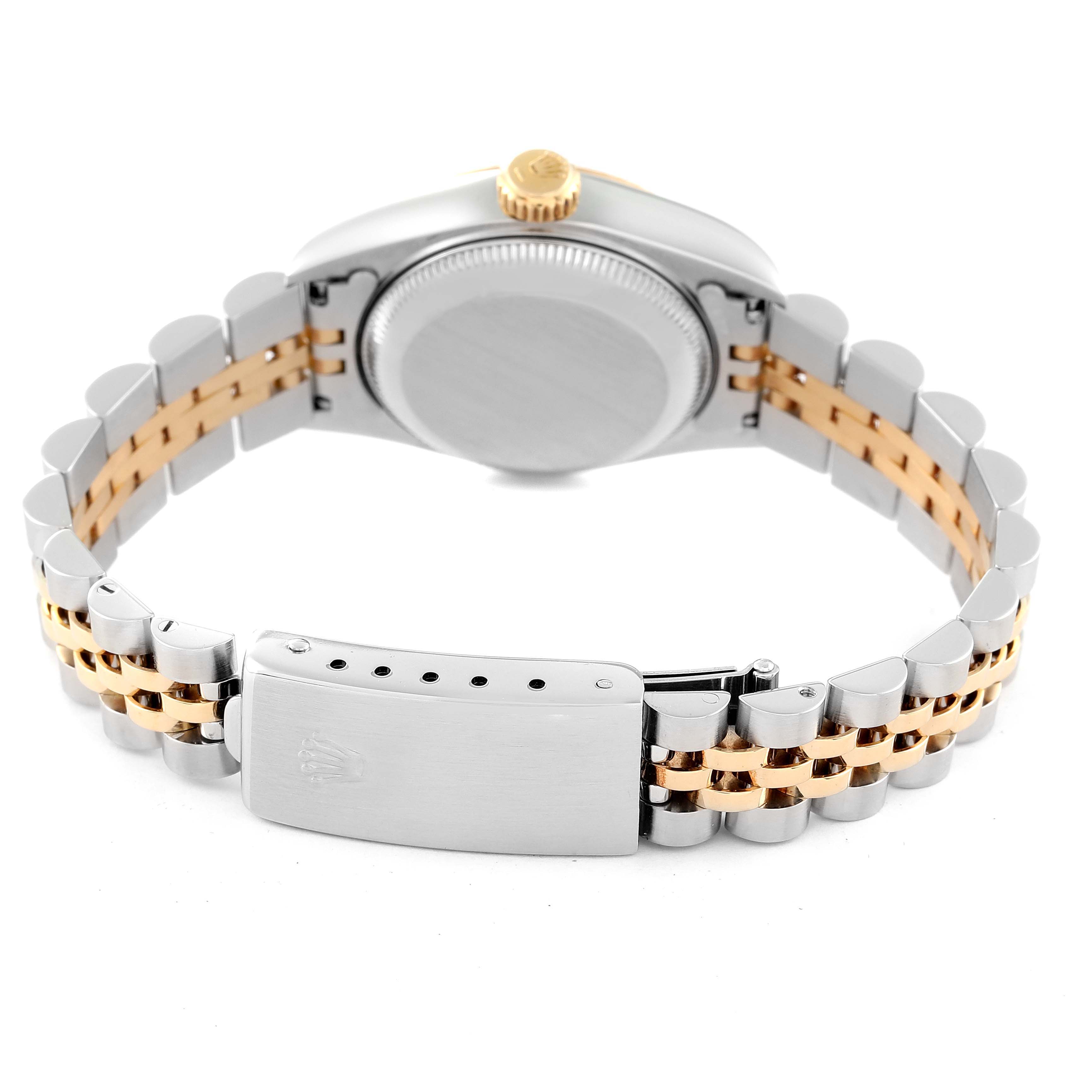 This image shows the back case and bracelet of a Rolex Datejust 69173 Women's Steel and Gold (two tone) White Dial 69173 Women's Steel and Gold (two tone) White Dial watch with two-tone metal links.