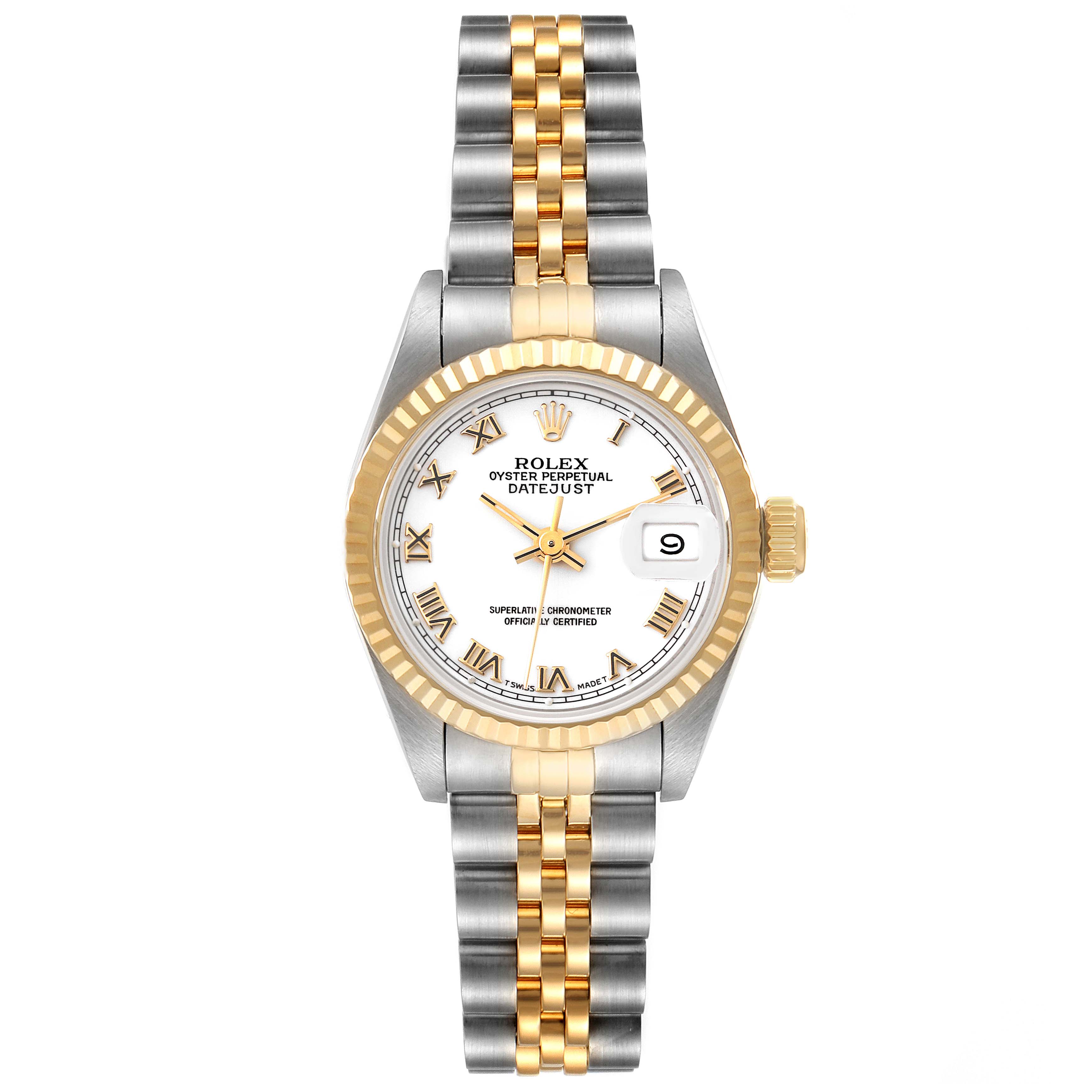 This Rolex Datejust 69173 Women's Steel and Gold (two tone) White Dial 69173 Women's Steel and Gold (two tone) White Dial watch is shown from the front, displaying the face, bezel, crown, and two-tone bracelet.