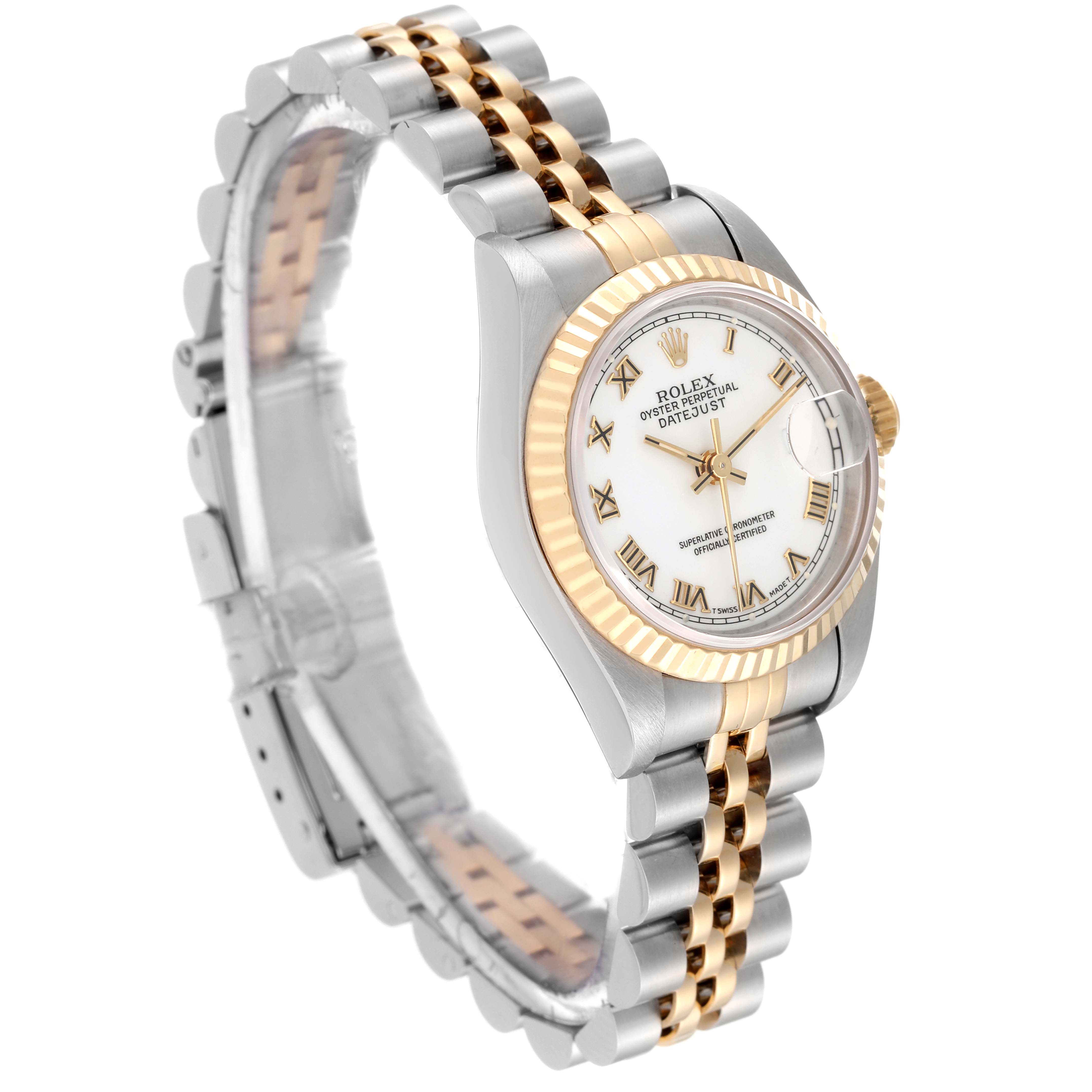 This image shows a side angle of a Rolex Datejust 69173 Women's Steel and Gold (two tone) White Dial 69173 Women's Steel and Gold (two tone) White Dial watch, highlighting its white dial, gold fluted bezel, and two-tone bracelet.