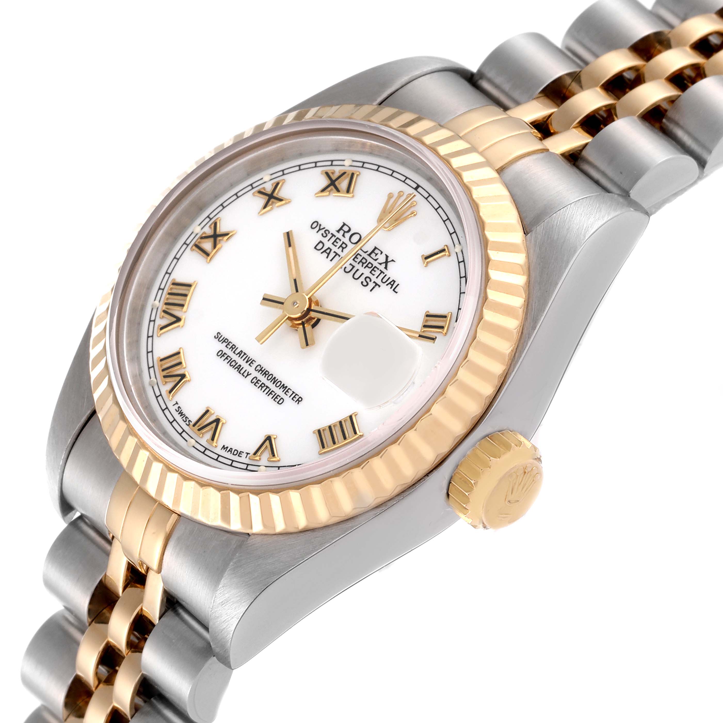 The Rolex Datejust 69173 Women's Steel and Gold (two tone) White Dial 69173 Women's Steel and Gold (two tone) White Dial watch is shown at a tilted angle, highlighting its white dial, gold fluted bezel, and two-tone Jubilee bracelet.