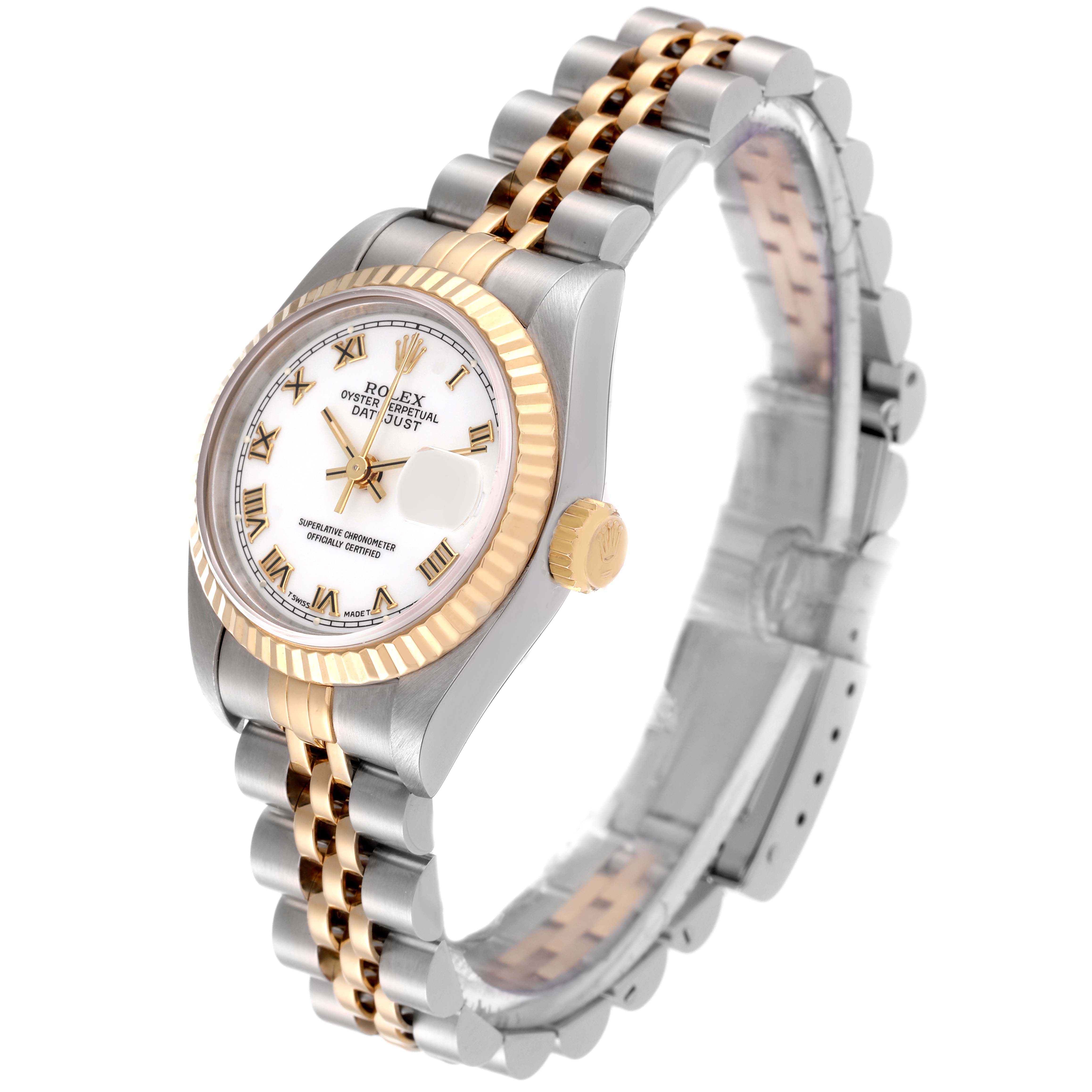 The image shows a Rolex Datejust 69173 Women's Steel and Gold (two tone) White Dial 69173 Women's Steel and Gold (two tone) White Dial watch at an angled side view, highlighting the bracelet, crown, and dial with Roman numerals.