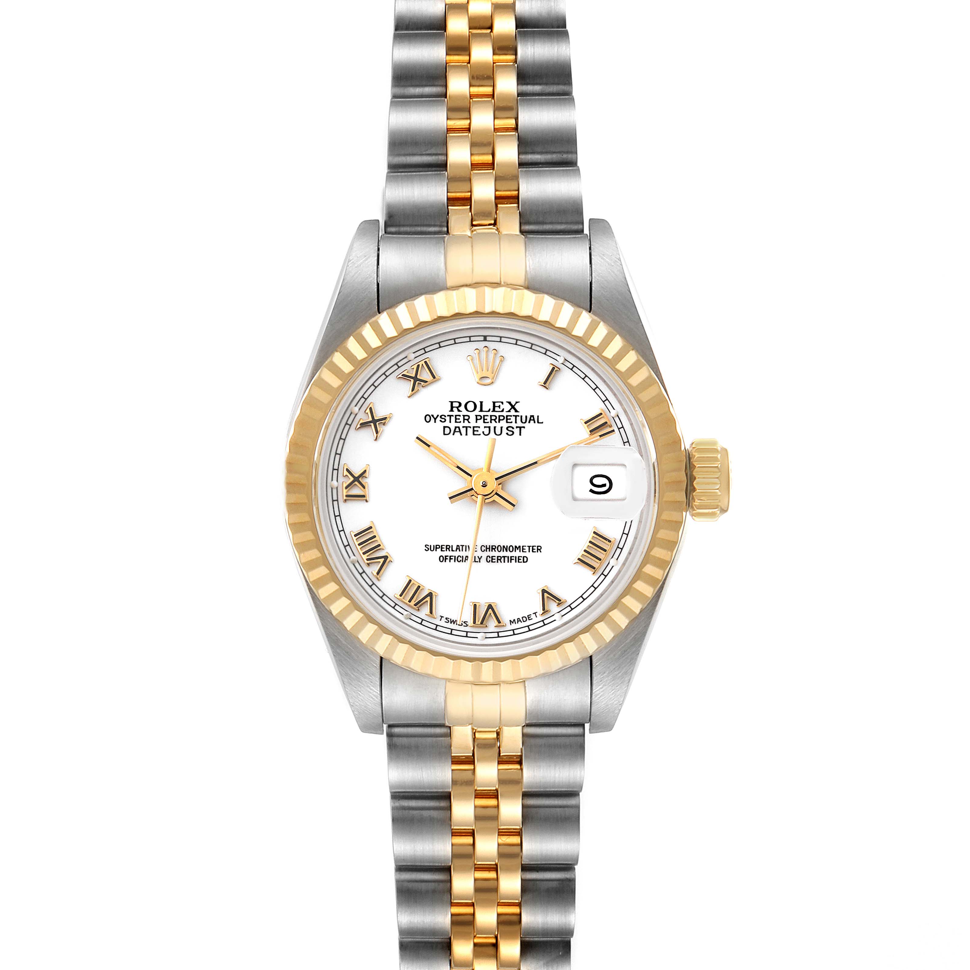 The Rolex Datejust 69173 Women's Steel and Gold (two tone) White Dial 69173 Women's Steel and Gold (two tone) White Dial watch is shown from a front angle, displaying its face, bezel, and two-tone bracelet.