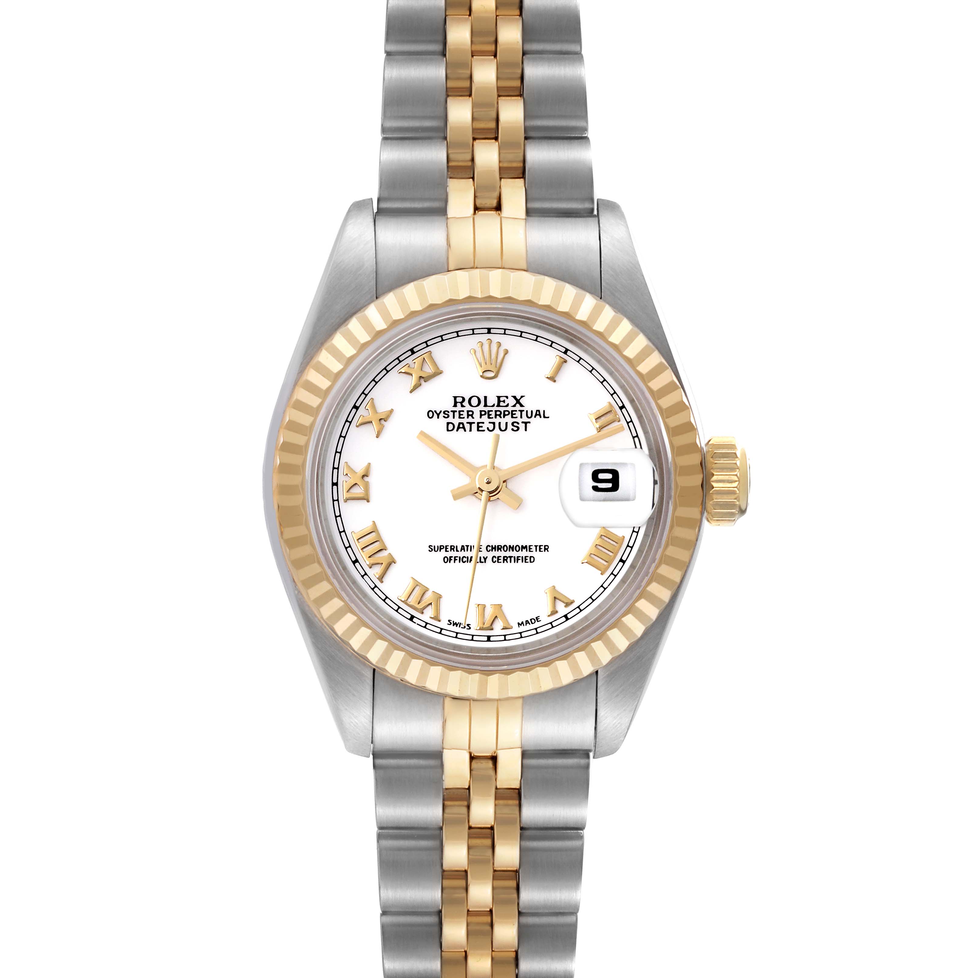 The image shows a front view of a Rolex Datejust 69173 Women's Steel and Gold (two tone) White Dial 69173 Women's Steel and Gold (two tone) White Dial watch, highlighting its two-tone bracelet, white dial, date window, and fluted bezel.