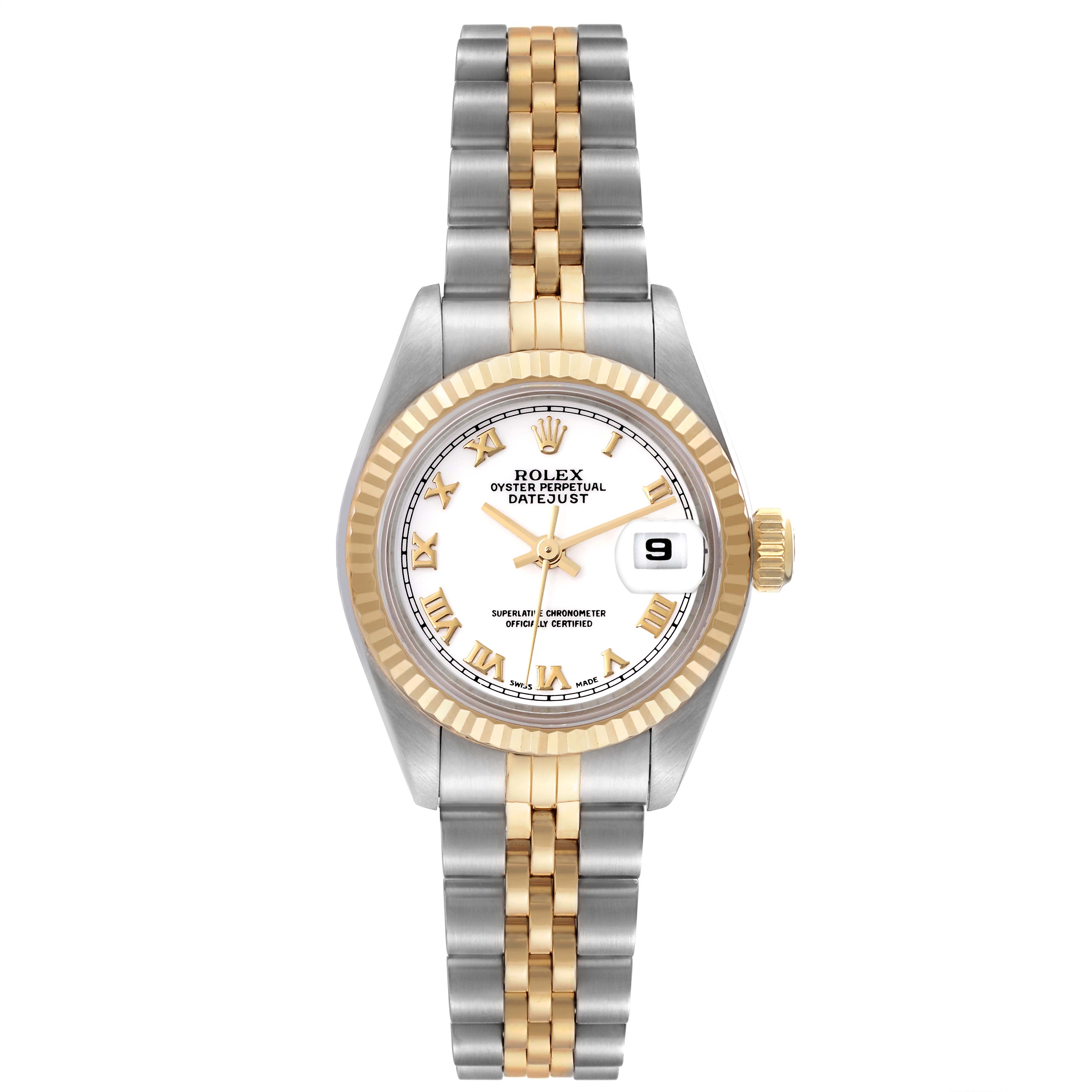 The image shows a front view of a Rolex Datejust 69173 Women's Steel and Gold (two tone) White Dial 69173 Women's Steel and Gold (two tone) White Dial watch, showcasing its face, bezel, and two-tone bracelet.