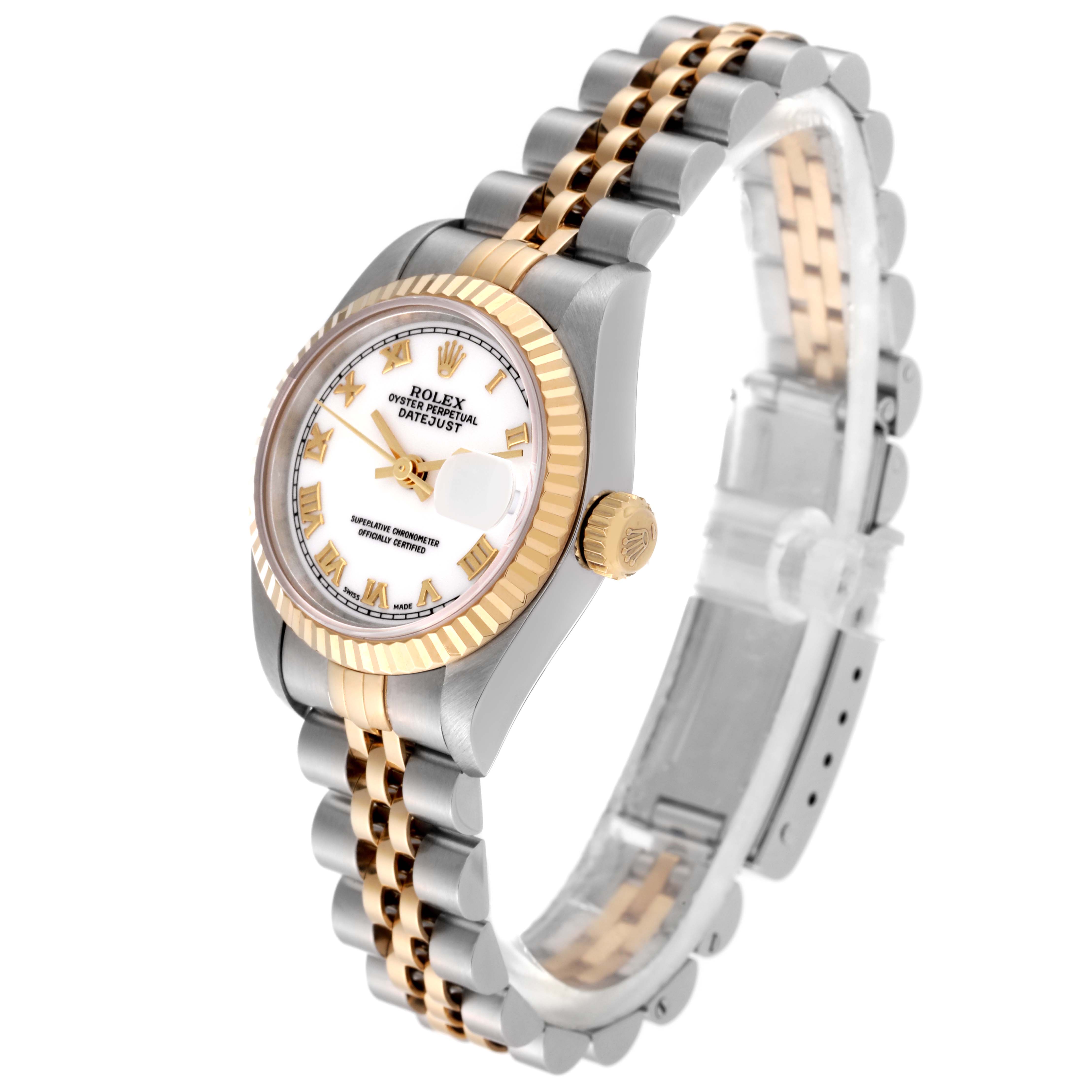 The image shows a Rolex Datejust 69173 Women's Steel and Gold (two tone) White Dial 69173 Women's Steel and Gold (two tone) White Dial watch from an angled side view, highlighting its bezel, crown, dial, and bracelet.