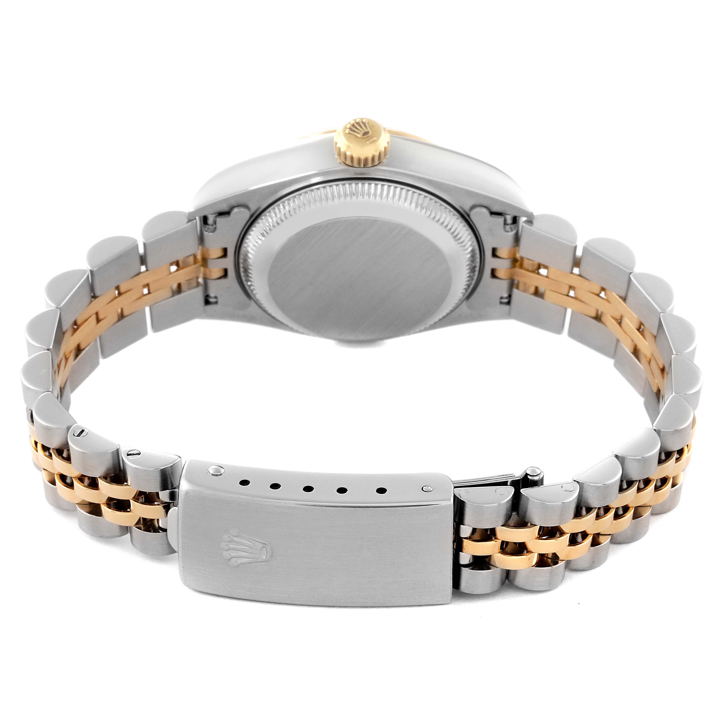 This Rolex Datejust 69173 Women's Steel and Gold (two tone) White Dial 69173 Women's Steel and Gold (two tone) White Dial watch is shown from the back, highlighting the closed case back, jubilee bracelet, and clasp.