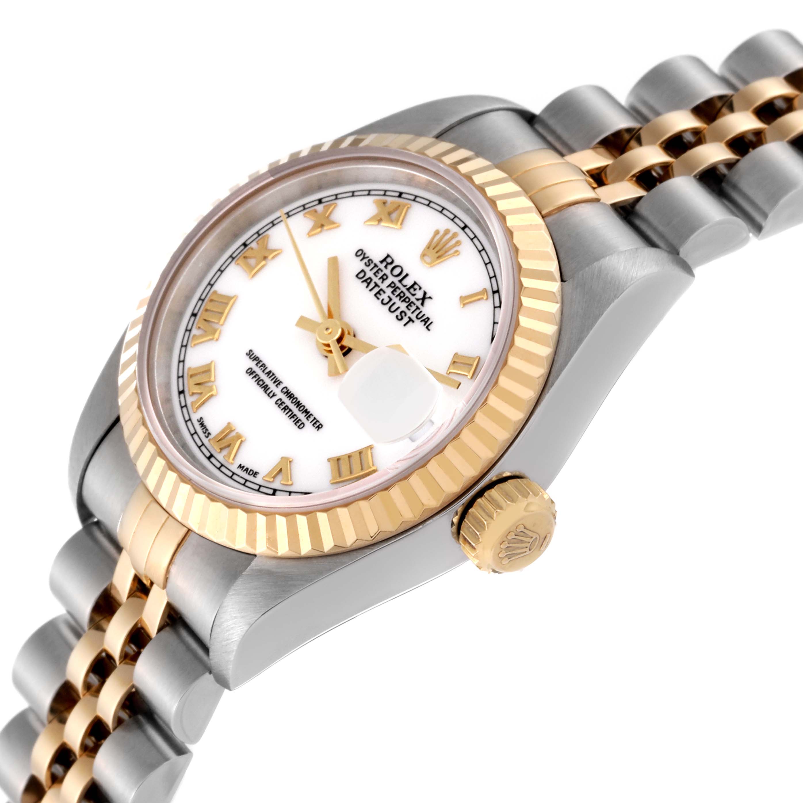 This image shows a Rolex Datejust 69173 Women's Steel and Gold (two tone) White Dial 69173 Women's Steel and Gold (two tone) White Dial watch at a side angle, highlighting the dial, bezel, crown, and part of the metal bracelet.