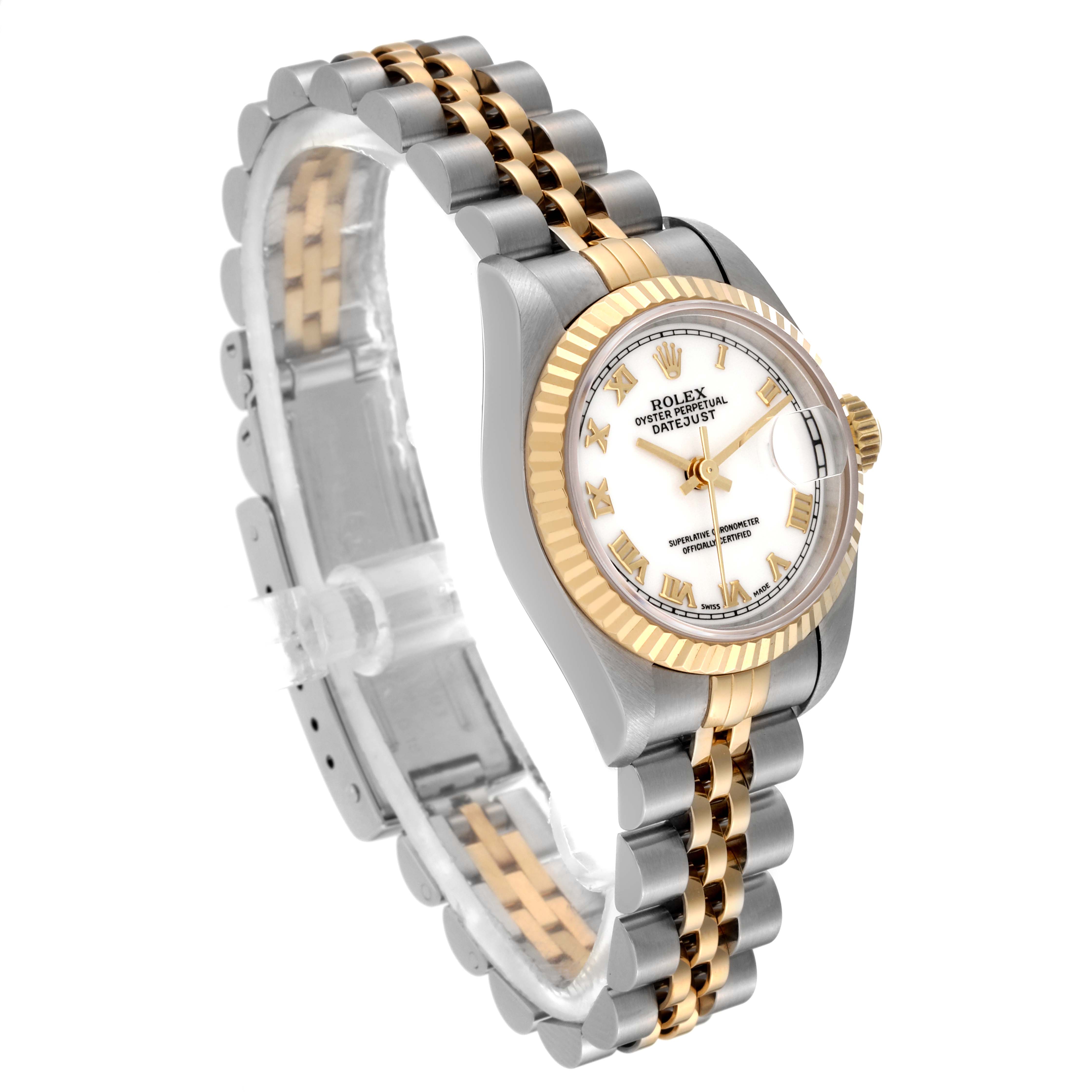 The Rolex Datejust 69173 Women's Steel and Gold (two tone) White Dial 69173 Women's Steel and Gold (two tone) White Dial watch is shown at an angled side view, displaying its two-tone bracelet, fluted bezel, and white dial.