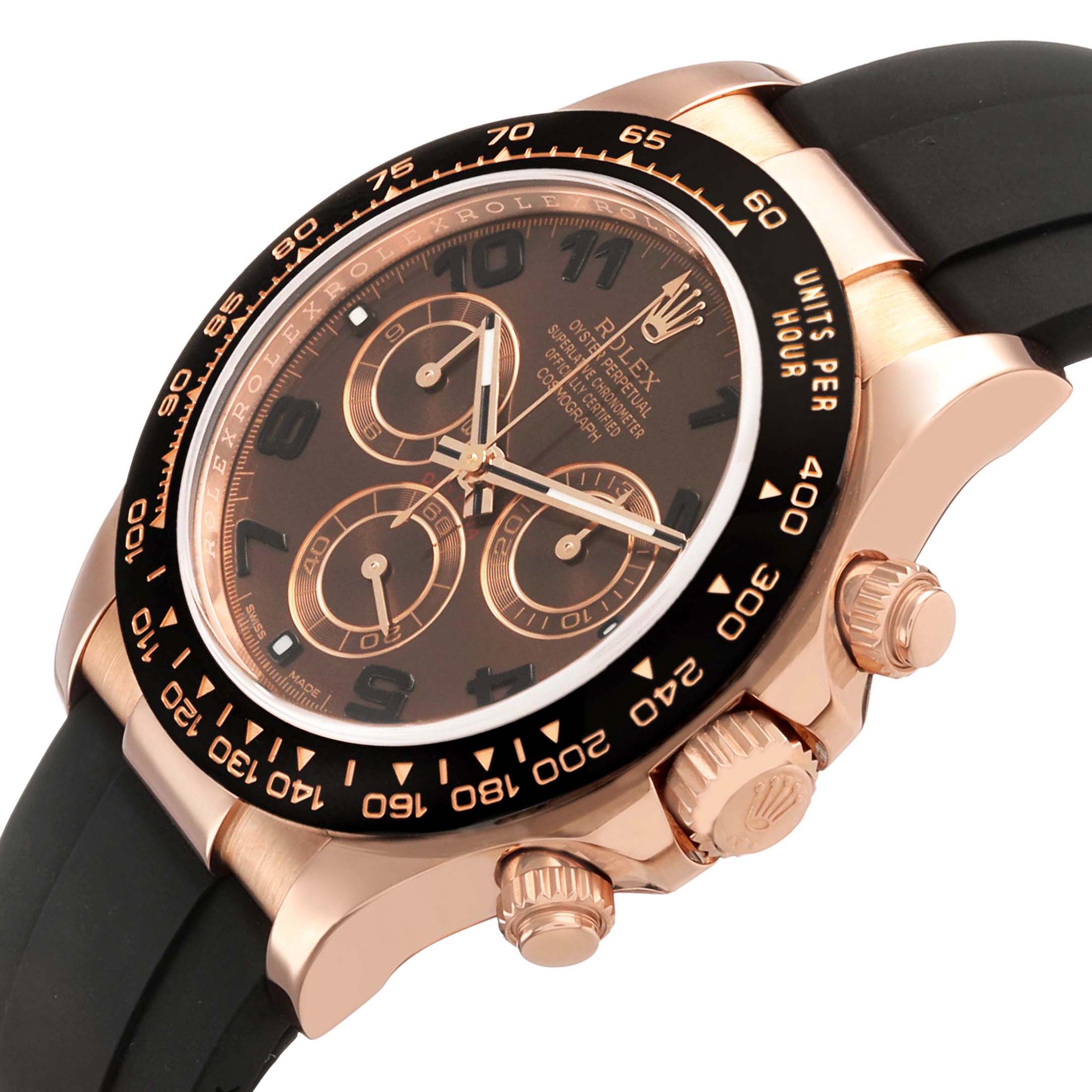 The Rolex Daytona 116515LN Men's Rose Gold Brown Dial watch is shown from a side angle, highlighting the bezel, crown, and dial with its subdials.