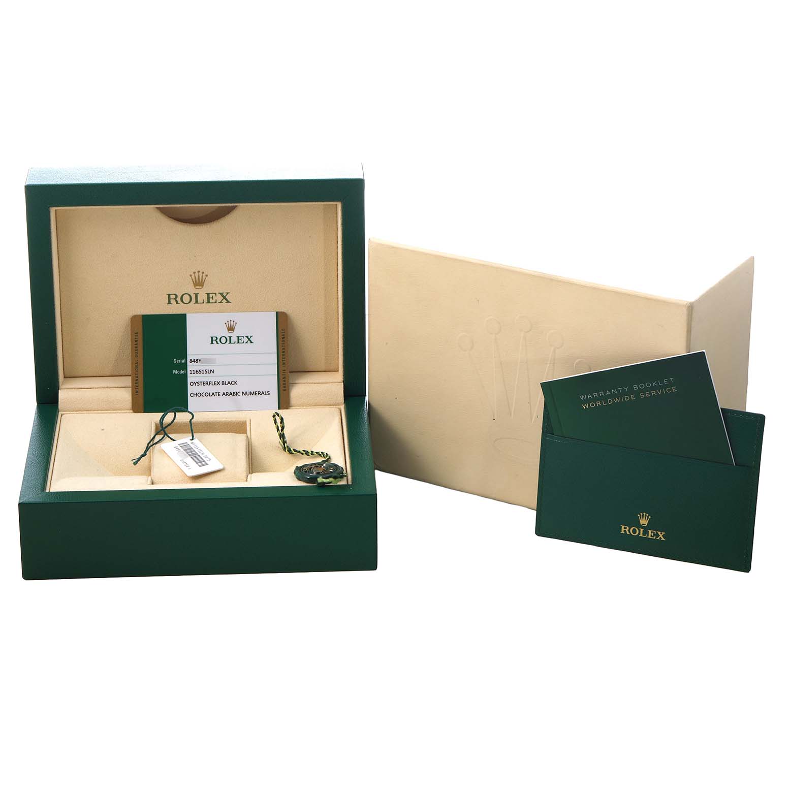 The image shows the packaging and accessories for a Rolex Daytona 116515LN Men's Rose Gold Brown Dial, including the watch box, warranty card, and booklet.
