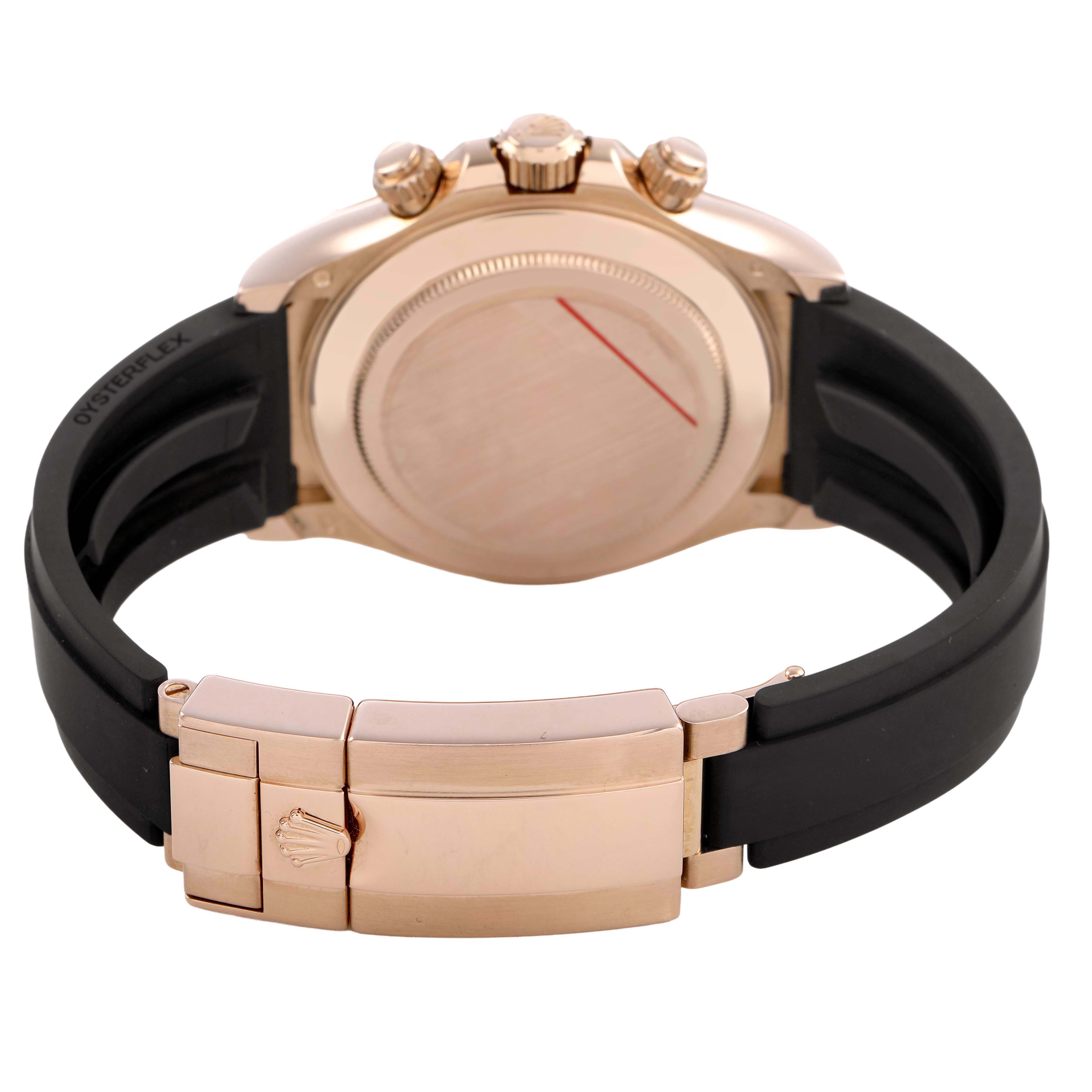 This image shows the back case and clasp of a Rolex Daytona 116515LN Men's Rose Gold Brown Dial, highlighting its rose gold and black Oysterflex strap.
