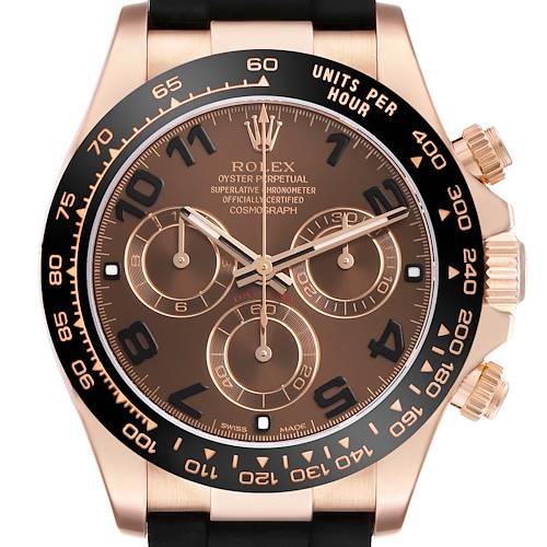 The Rolex Daytona 116515LN Men's Rose Gold Brown Dial watch is shown in a straight-on angle, displaying its face, bezel, and side buttons.