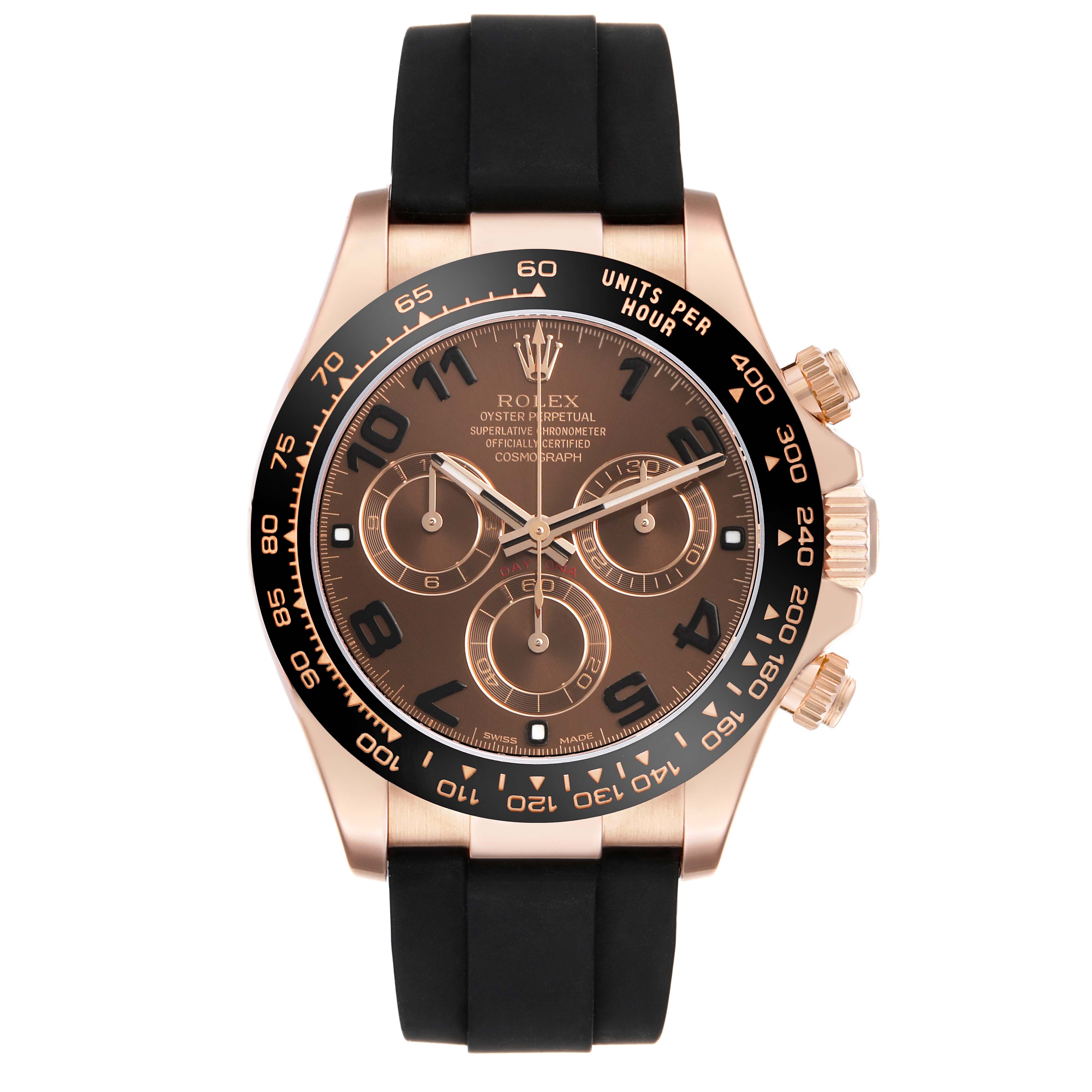 The Rolex Daytona 116515LN Men's Rose Gold Brown Dial watch is shown from the front, displaying its dial, bezel, crown, pushers, and black strap.
