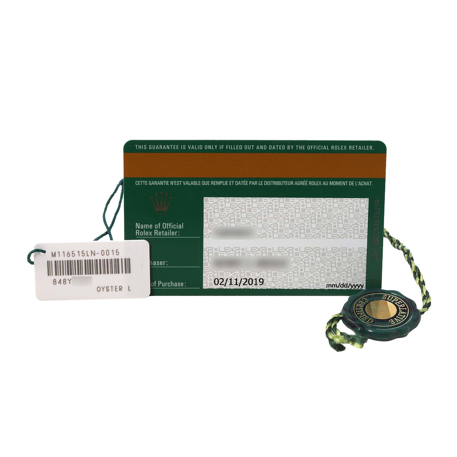 The image shows a Rolex Daytona 116515LN Men's Rose Gold Brown Dial guarantee card, hang tag, and seal from a straight-on angle.