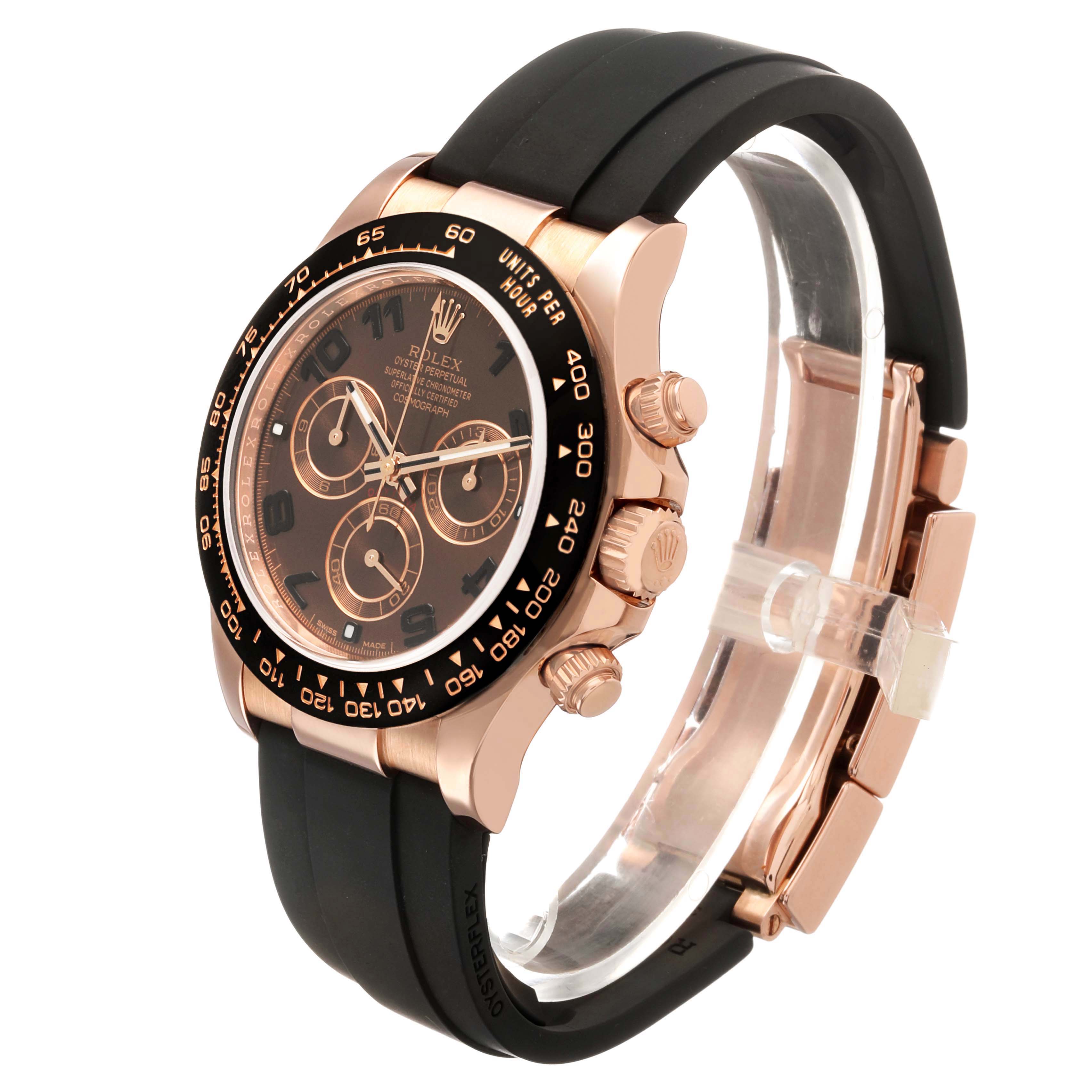 The Rolex Daytona 116515LN Men's Rose Gold Brown Dial watch is shown at an angle displaying its face, bezel, pushers, crown, and part of the strap.