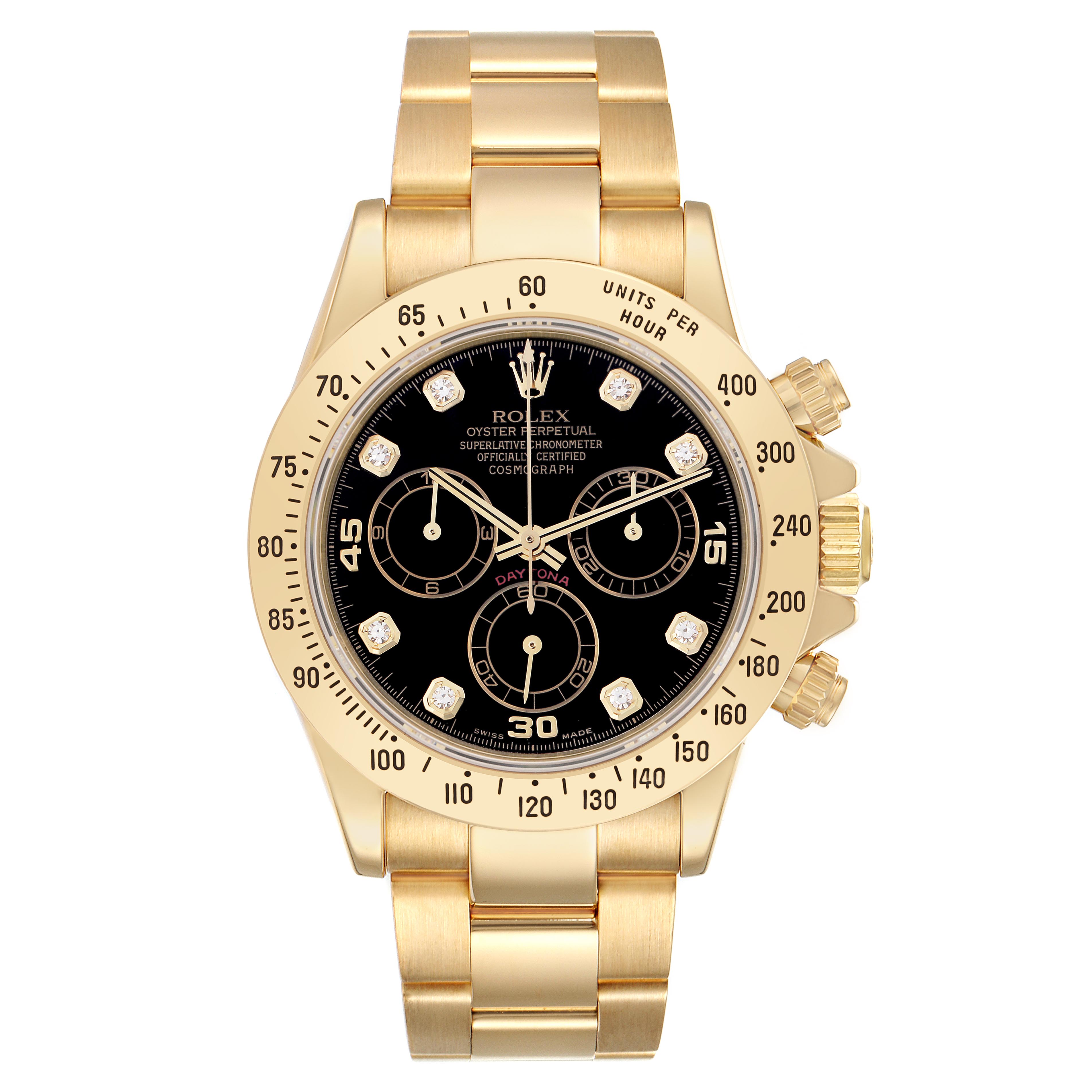 The Rolex Daytona 116528 Men
s Yellow Gold Black Dial 116528 Men
s Yellow Gold Black Dial watch is viewed from the front, showing the dial, bezel, chronograph sub-dials, and bracelet.