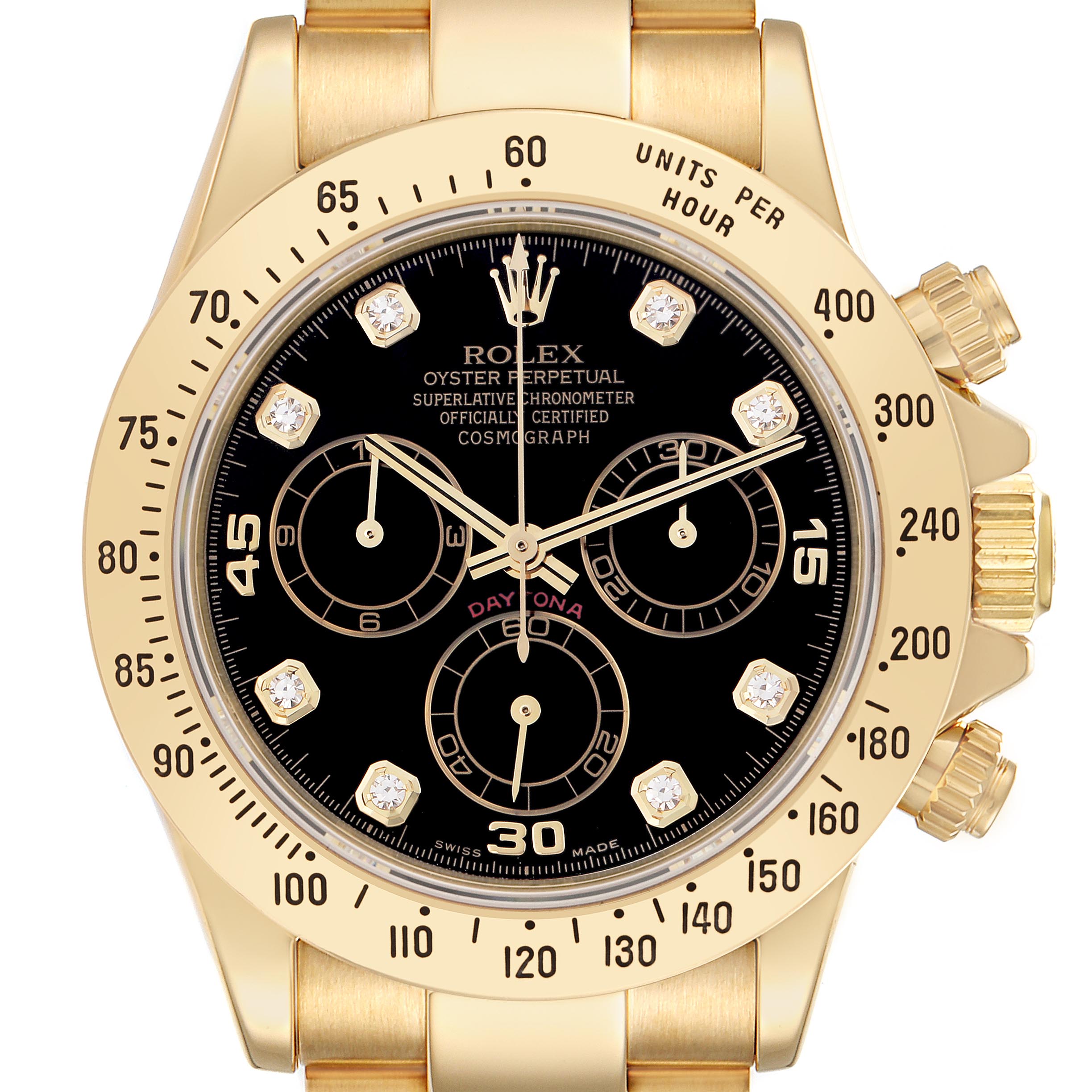 The Rolex Daytona 116528 Men
s Yellow Gold Black Dial 116528 Men
s Yellow Gold Black Dial watch is shown from a top-down angle, displaying its gold bezel, black dial, and chronograph subdials.