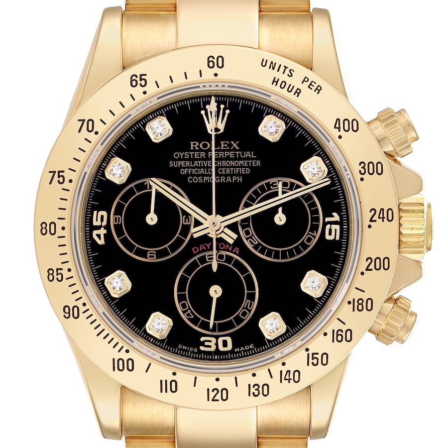 The Rolex Daytona watch is shown from a top-down angle, displaying its gold bezel, black dial, and chronograph subdials.
