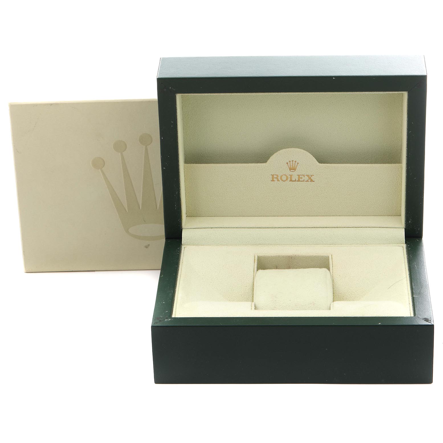 The image shows an open box for a Rolex Daytona 116528 Men
s Yellow Gold Black Dial 116528 Men
s Yellow Gold Black Dial watch, displaying its interior compartments.