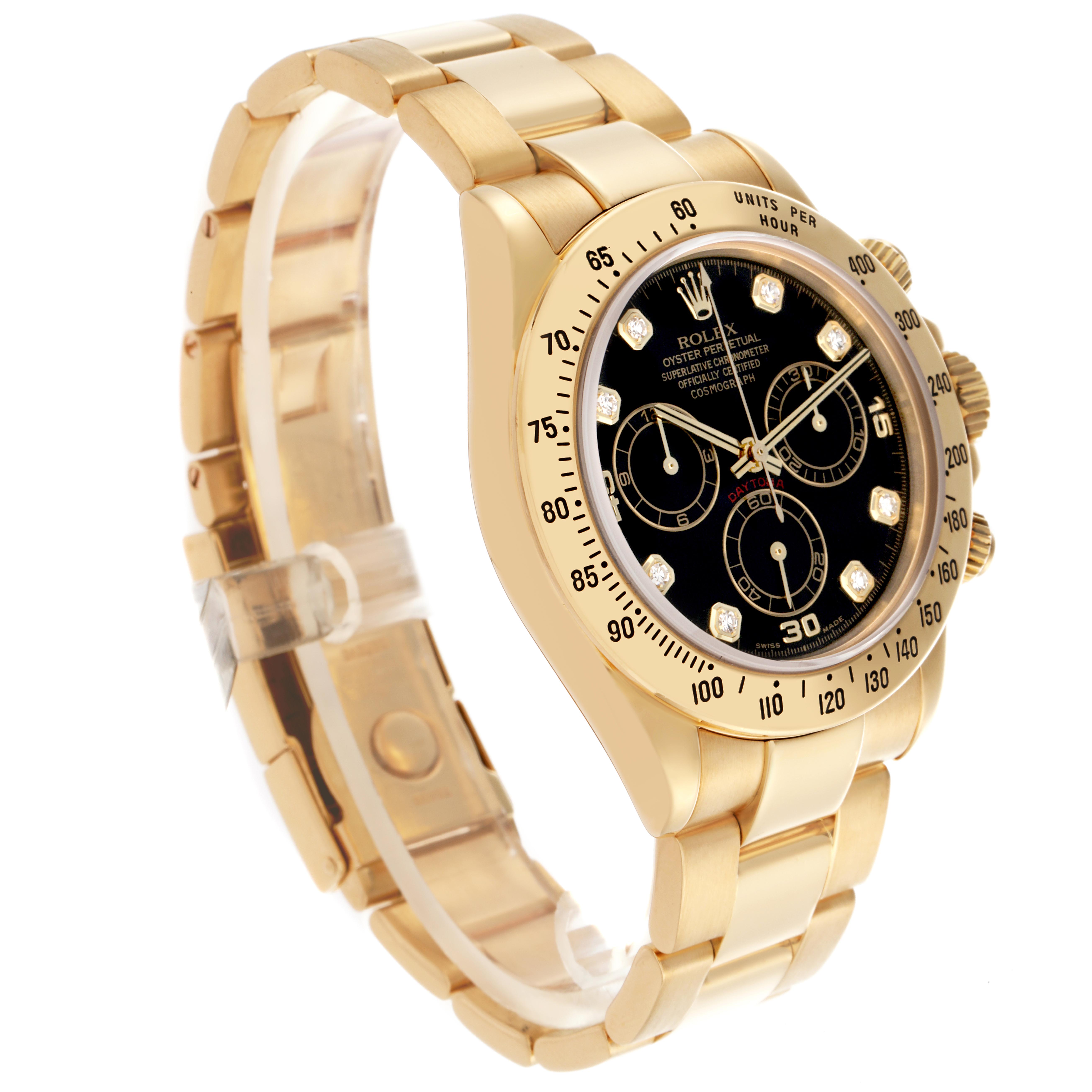 The Rolex Daytona 116528 Men
s Yellow Gold Black Dial 116528 Men
s Yellow Gold Black Dial watch is shown at a three-quarter angle displaying the bracelet, bezel, and face with subdials and markers.
